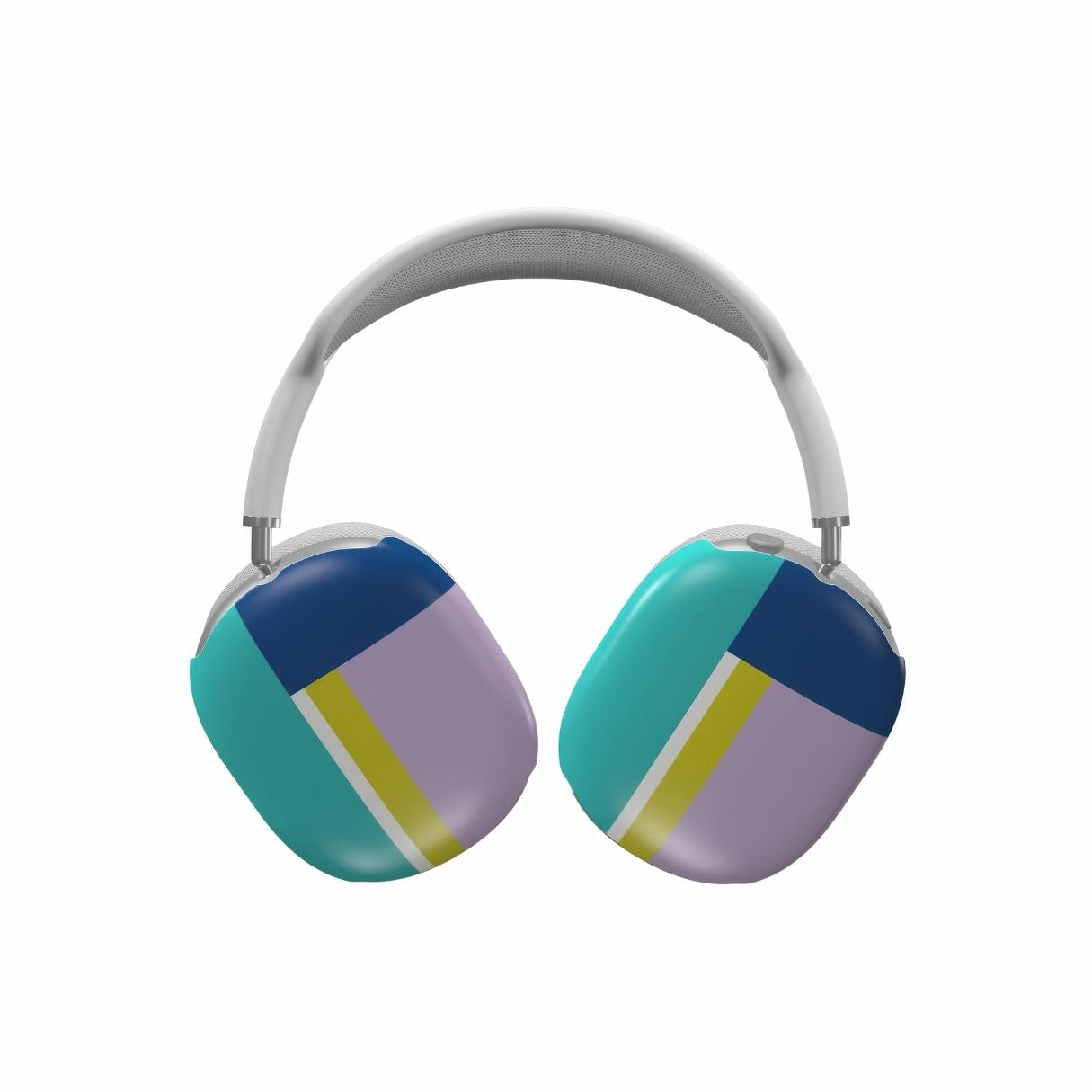 AirPods Max tough case Retro Stripes Teal pattern design with a bold color blocks in vintage, mid century modern style, featuring an elegant and expressive aesthetic design. Main colors are navy blue, teal green, lilac and yellow. Front view.