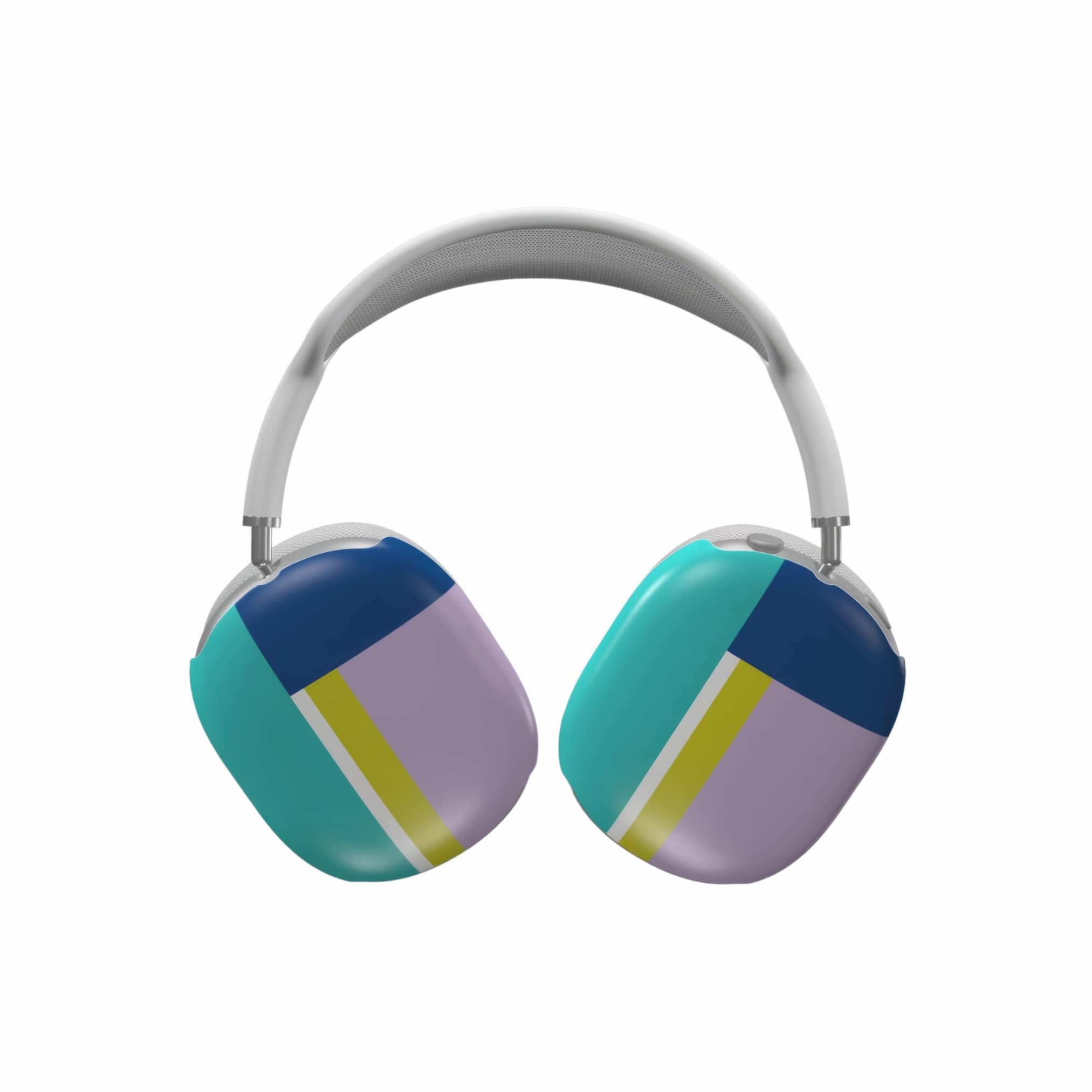 AirPods Max tough case Retro Stripes Teal pattern design with a bold color blocks in vintage, mid century modern style, featuring an elegant and expressive aesthetic design. Main colors are navy blue, teal green, lilac and yellow. Front view.