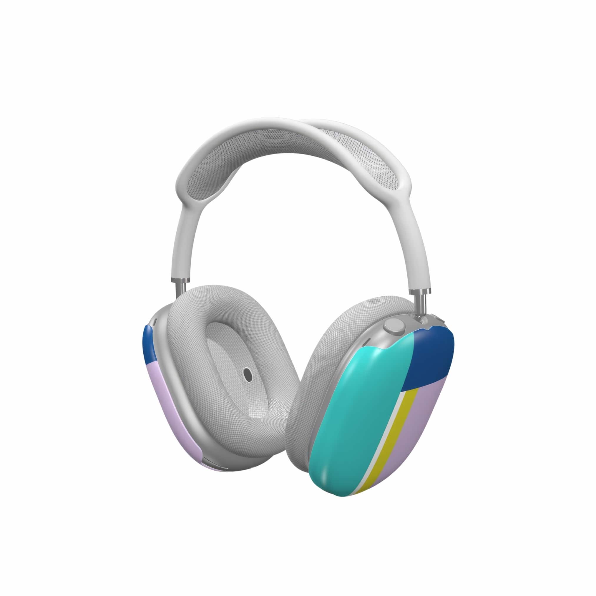 AirPods Max tough case Retro Stripes Teal pattern design with a bold color blocks in vintage, mid century modern style, featuring an elegant and expressive aesthetic design. Main colors are navy blue, teal green, lilac and yellow. Side view.