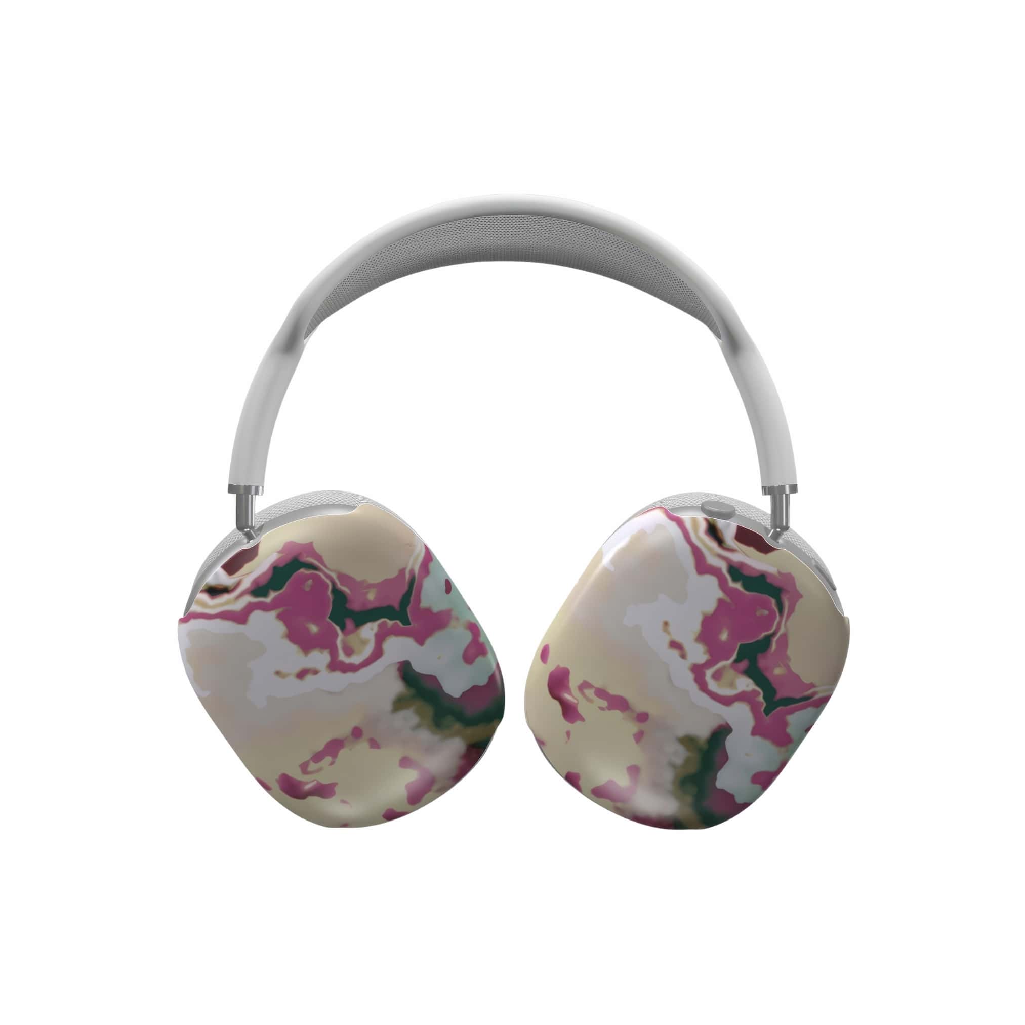 Tough AirPods Max case front view; Sandscape Dream pattern, artistic, abstract marble pattern. Beige and purple  colors. Bold expressive aesthetic design. Colorful and interior fit. Elegant.