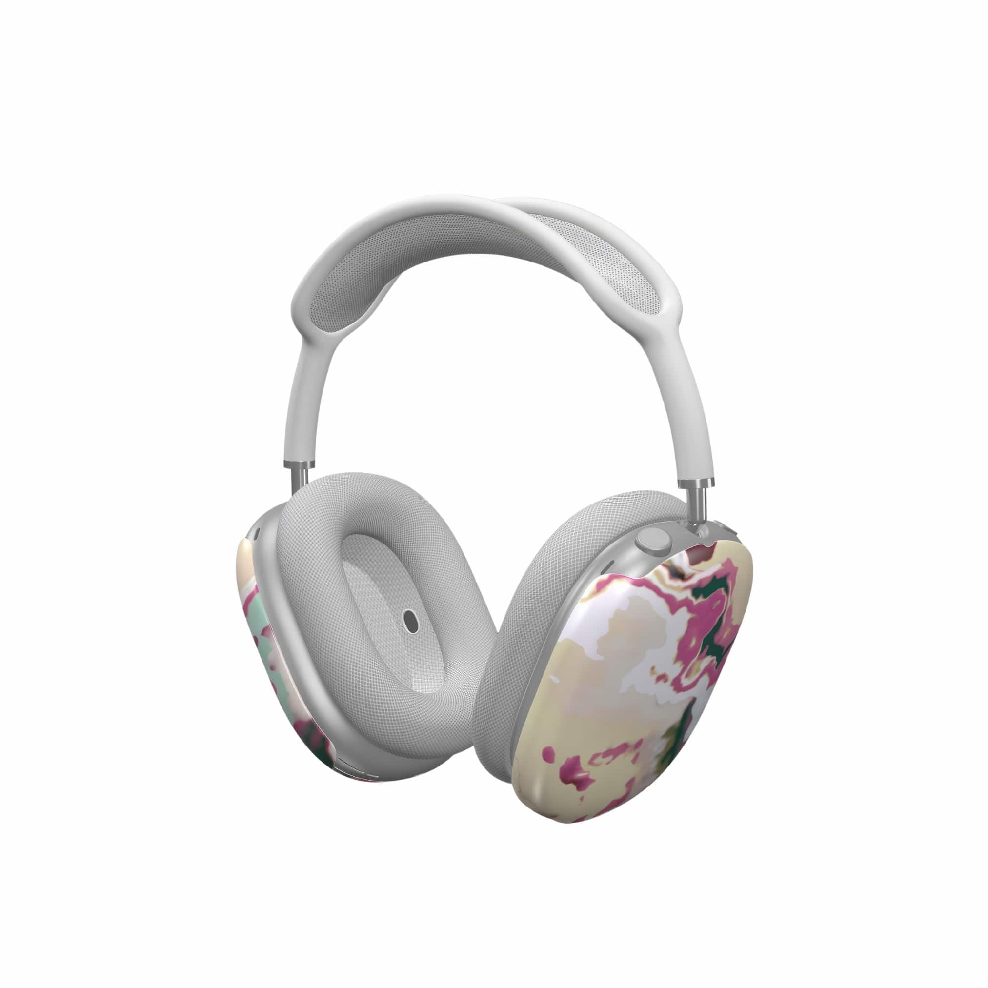 Tough AirPods Max case side view; Sandscape Dream pattern, artistic, abstract marble pattern. Beige and purple  colors.
