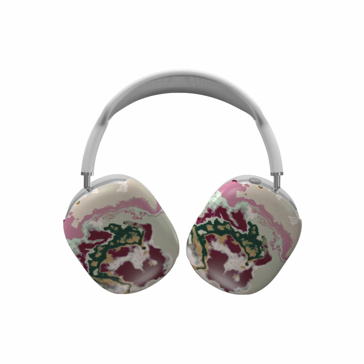 AirPods Max case with Sandscape Dream Burgundy pattern in artistic, abstract shape. Beige, green and bordeaux color combination. Bold expressive aesthetic design. Colorful and interior fit. Elegant. Front view.