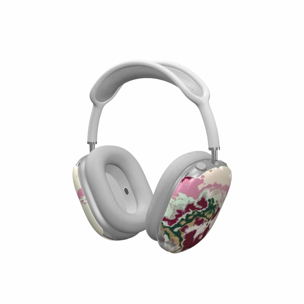 AirPods Max case with Sandscape Dream Burgundy pattern in artistic, abstract shape. Beige, green and bordeaux color combination. Bold expressive aesthetic design. Colorful and interior fit. Elegant. Side view.