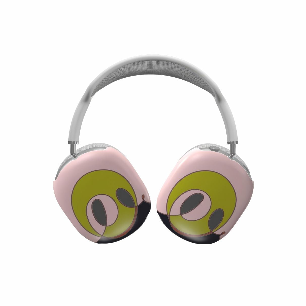Apple AirPods Max tough case Smile pattern design with a playful, bold expression of joy captured in abstract form, featuring an elegant and expressive aesthetic design. Main colors are pink and mustard yellow. Front view.