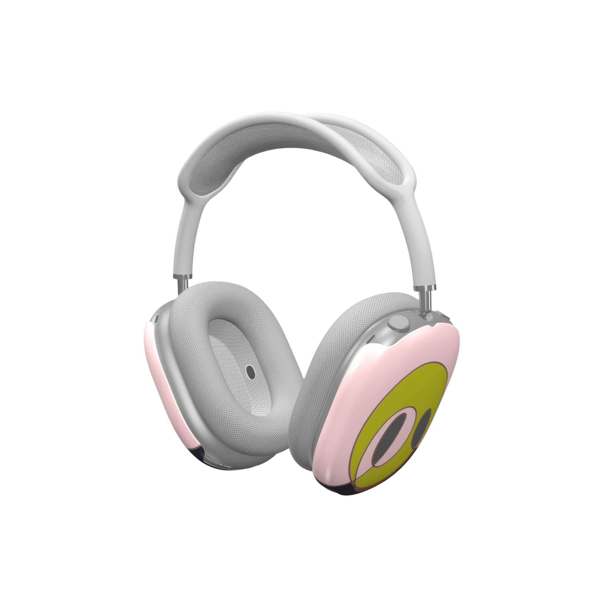Apple AirPods Max tough case Smile pattern design with a playful, bold expression of joy captured in abstract form, featuring an elegant and expressive aesthetic design. Main colors are pink and mustard yellow. Side view.