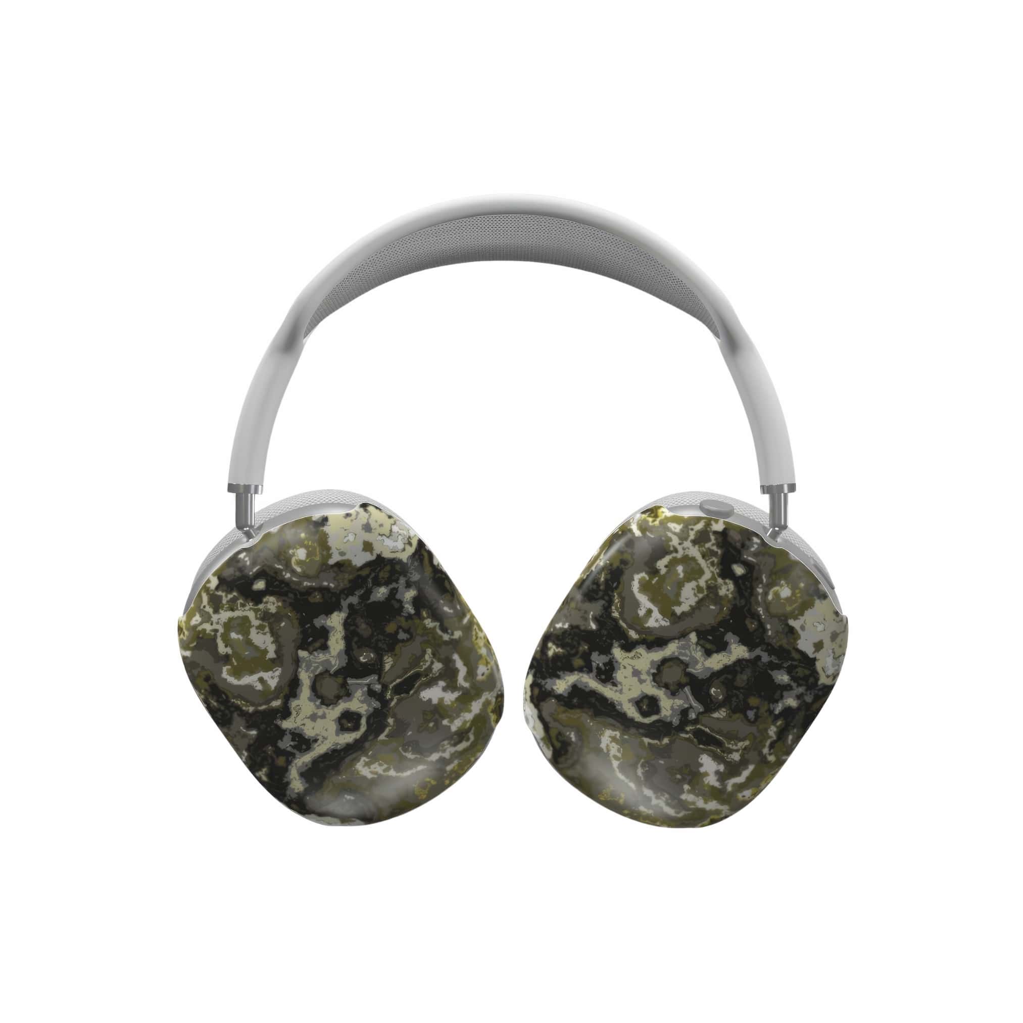 Tough AirPods Max case front view; Spring Rain pattern, artistic, abstract marble pattern. Yellow and black color combination.