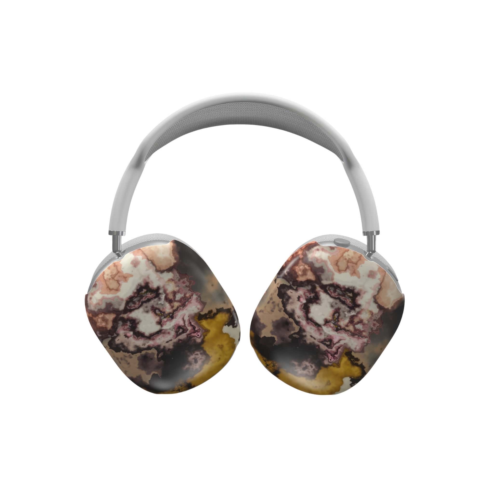 Tough AirPods Max case front view; Storm pattern, artistic, abstract marble pattern. Brown and beige colors. Bold expressive aesthetic design. Colorful and interior fit. Elegant.
