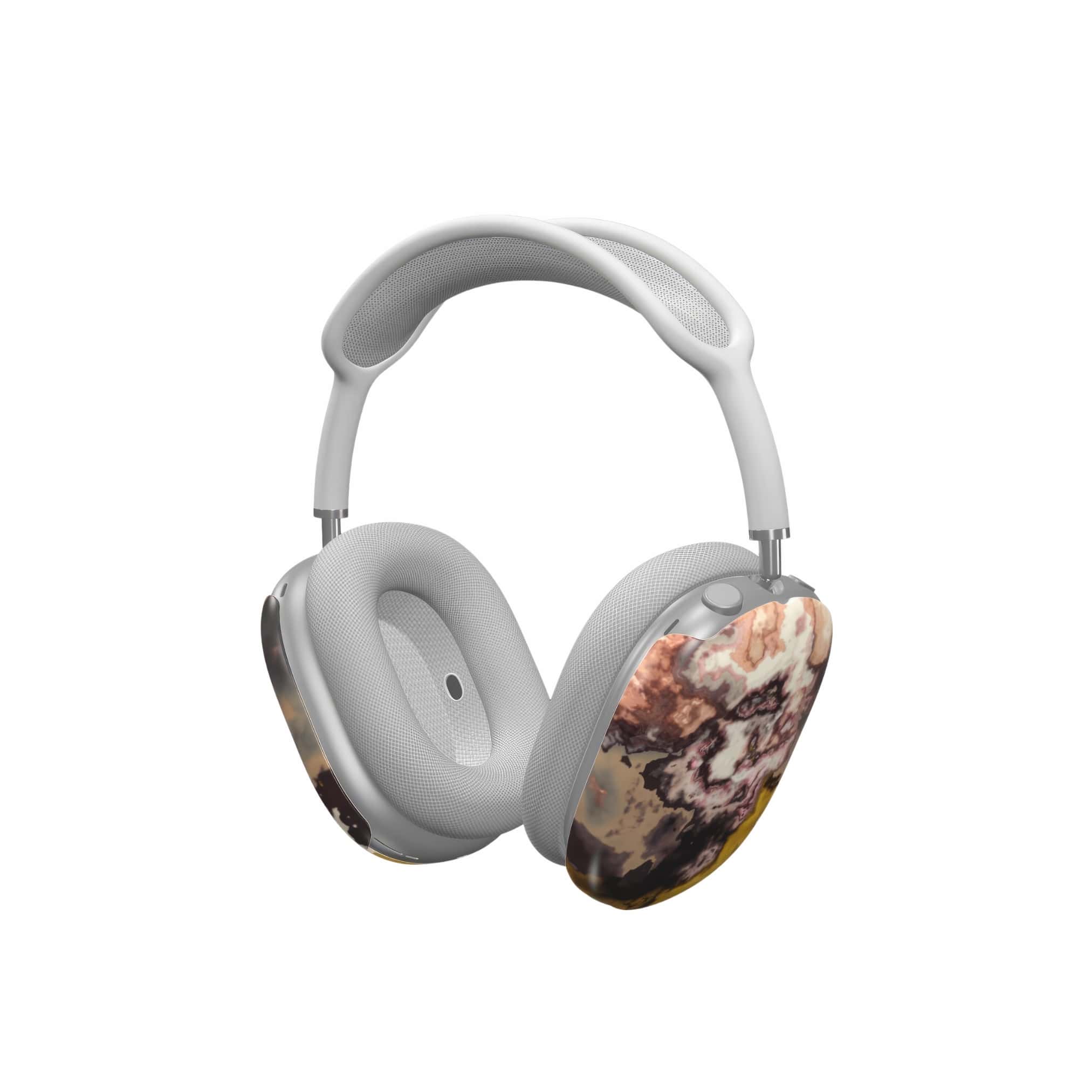 Tough AirPods Max case side view; Storm pattern, artistic, abstract marble pattern. Brown and beige colors.