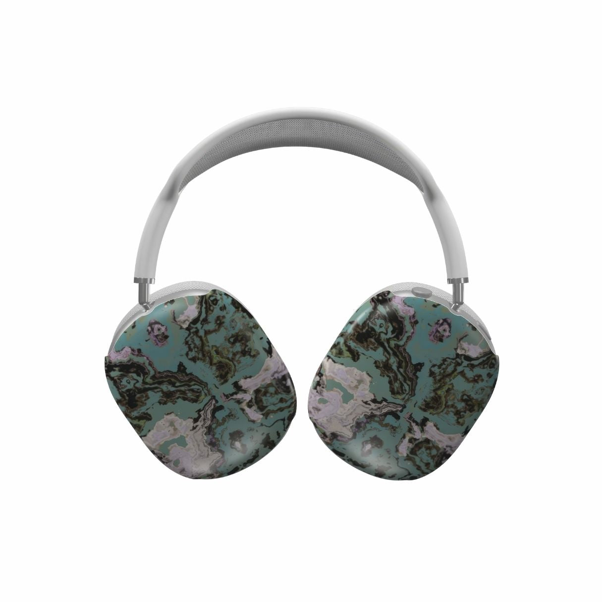 Apple AirPods Max tough case with a bold vivid pattern in marble abstract and artistic style, featuring an elegant and expressive aesthetic design. Main colors are teal blue and light lilac. Front view.
