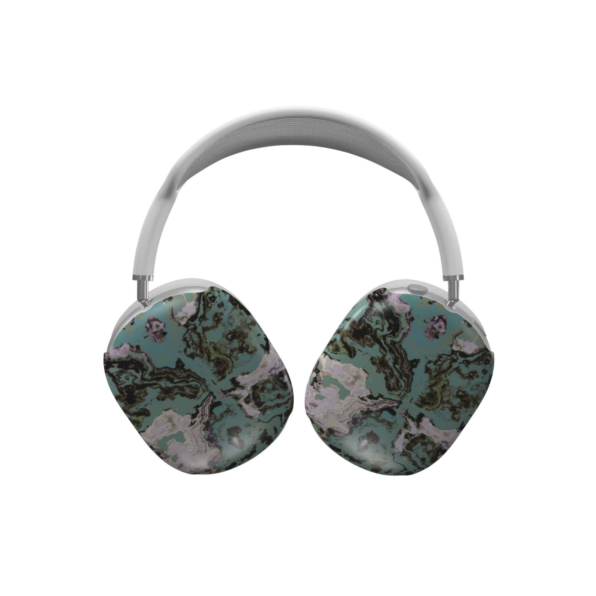 Apple AirPods Max tough case with a bold vivid pattern in marble abstract and artistic style, featuring an elegant and expressive aesthetic design. Main colors are teal blue and light lilac. Front view.