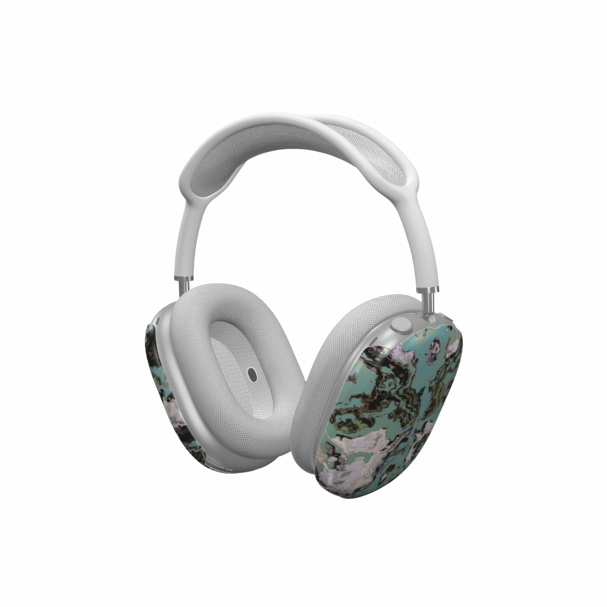Apple AirPods Max tough case with a bold vivid pattern in marble abstract and artistic style, featuring an elegant and expressive aesthetic design. Main colors are teal blue and light lilac. Side view.