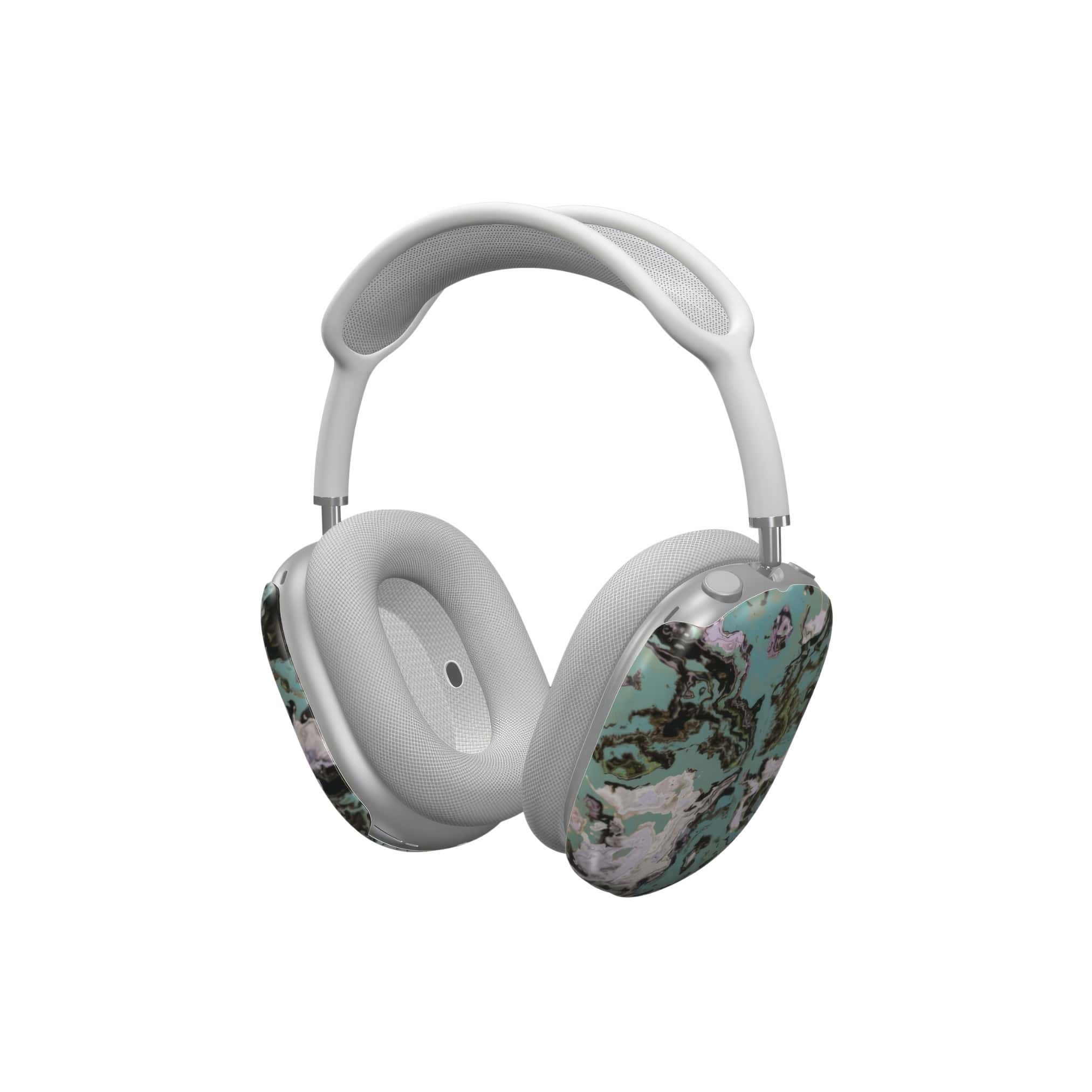 Apple AirPods Max tough case with a bold vivid pattern in marble abstract and artistic style, featuring an elegant and expressive aesthetic design. Main colors are teal blue and light lilac. Side view.