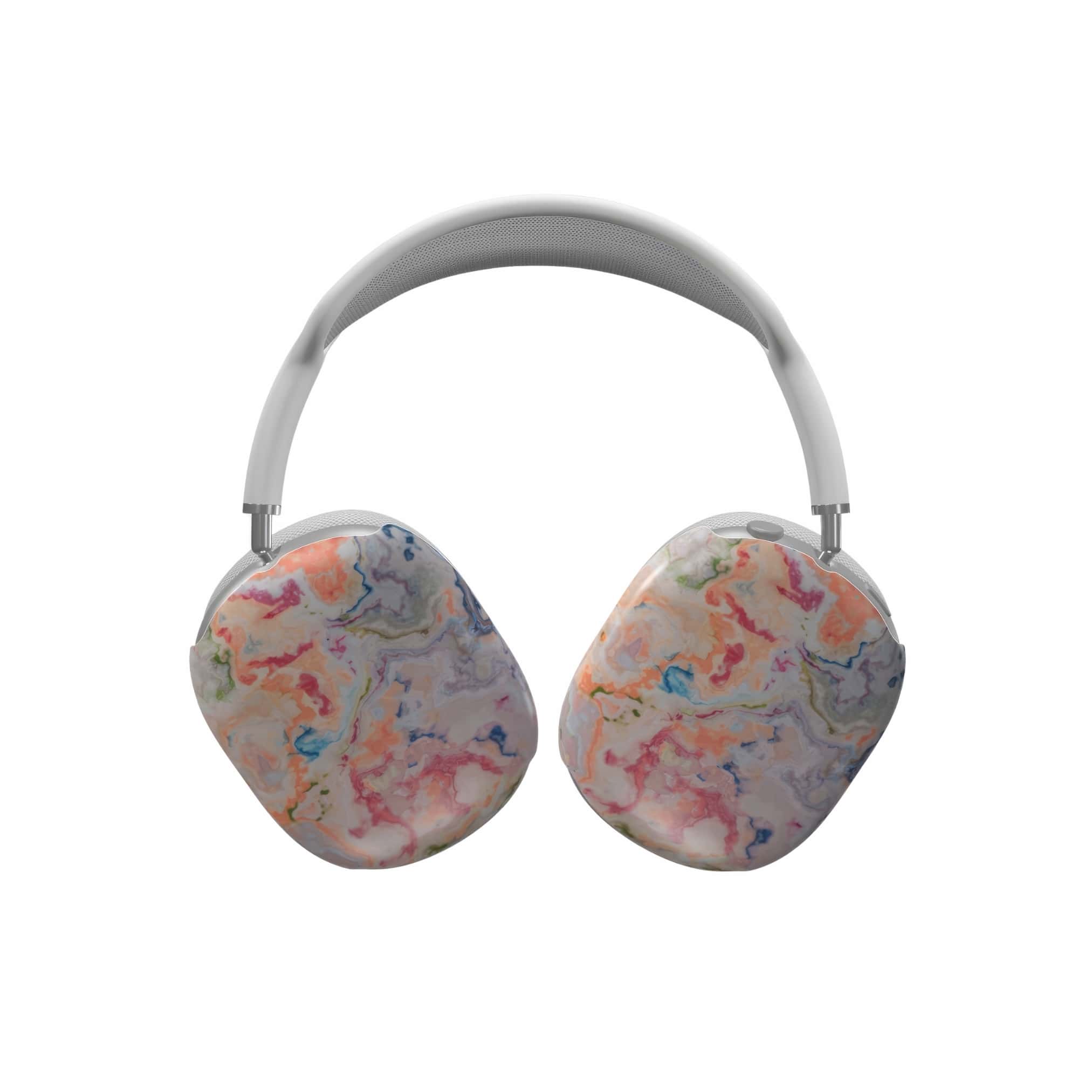 Ultra thin AirPods Max tough case with a bold vivid pattern Ufo 1 in marble abstract and artistic style, featuring an elegant and expressive aesthetic design. Main colors are blue, orange and red. Front view.
