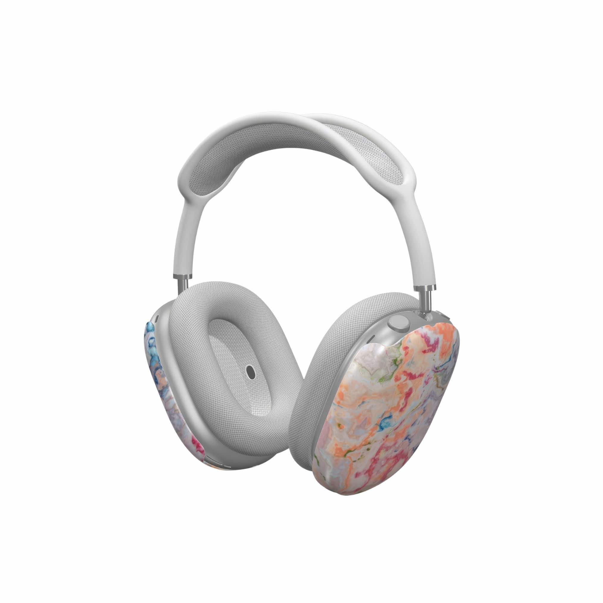 Ultra thin AirPods Max tough case with a bold vivid pattern Ufo 1 in marble abstract and artistic style, featuring an elegant and expressive aesthetic design. Main colors are blue, orange and red. Side view.