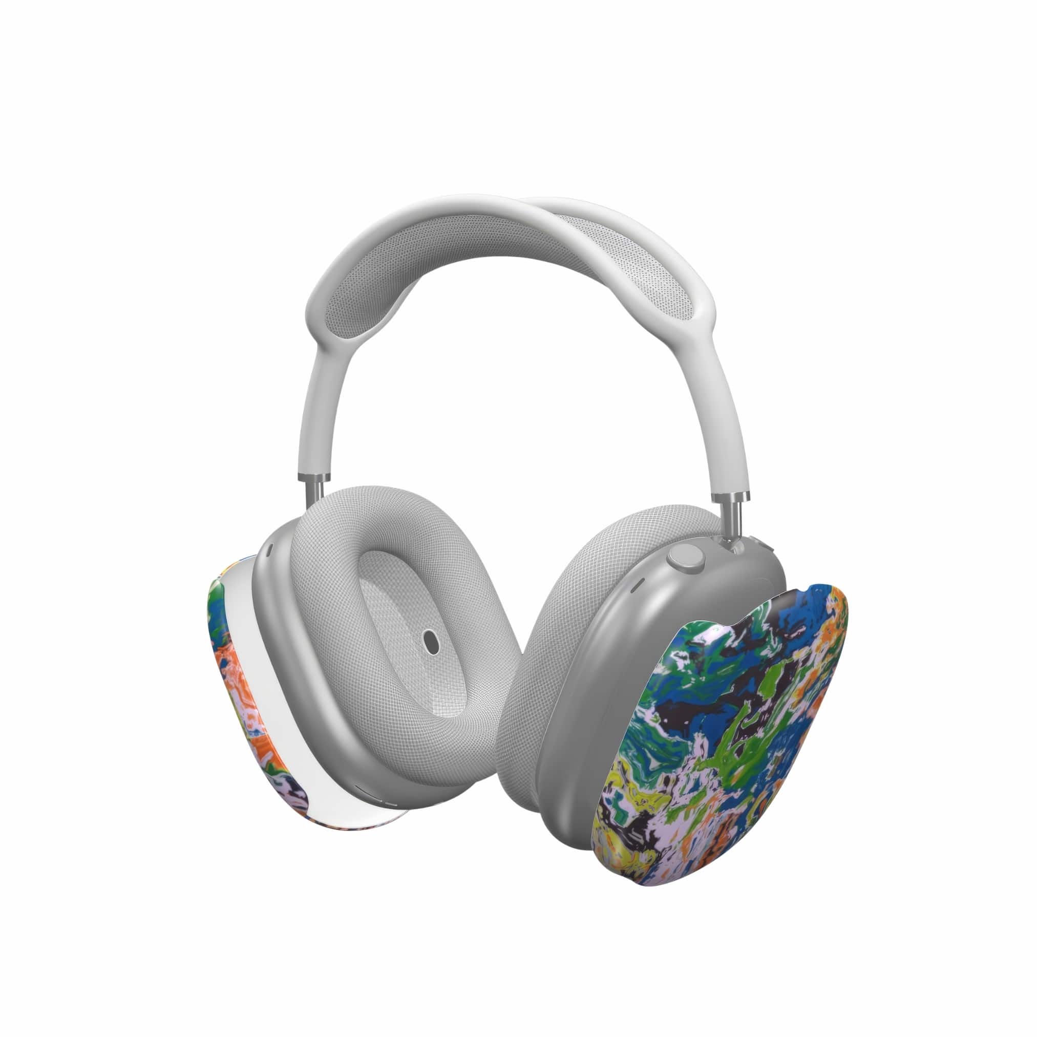 AirPods Max case with a bold vivid pattern in marble abstract and artistic style, featuring an elegant and expressive aesthetic design. Main colors are blue, green and yellow with slight orange. Extend view.