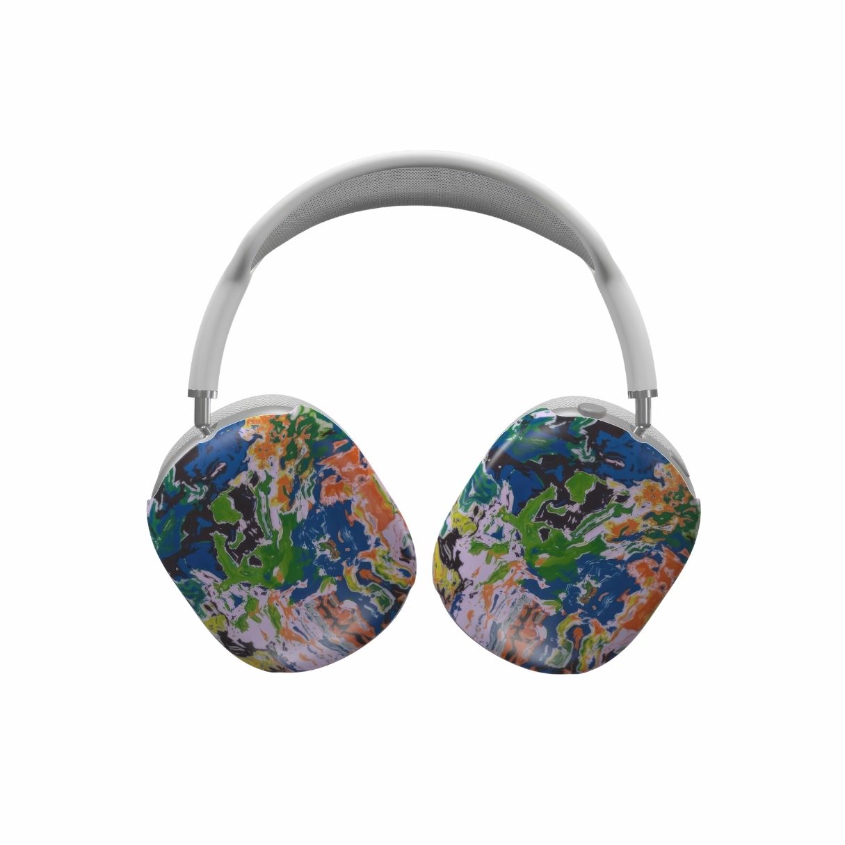 AirPods Max case with a bold vivid pattern in marble abstract and artistic style, featuring an elegant and expressive aesthetic design. Main colors are blue, green and yellow with slight orange. Front view.