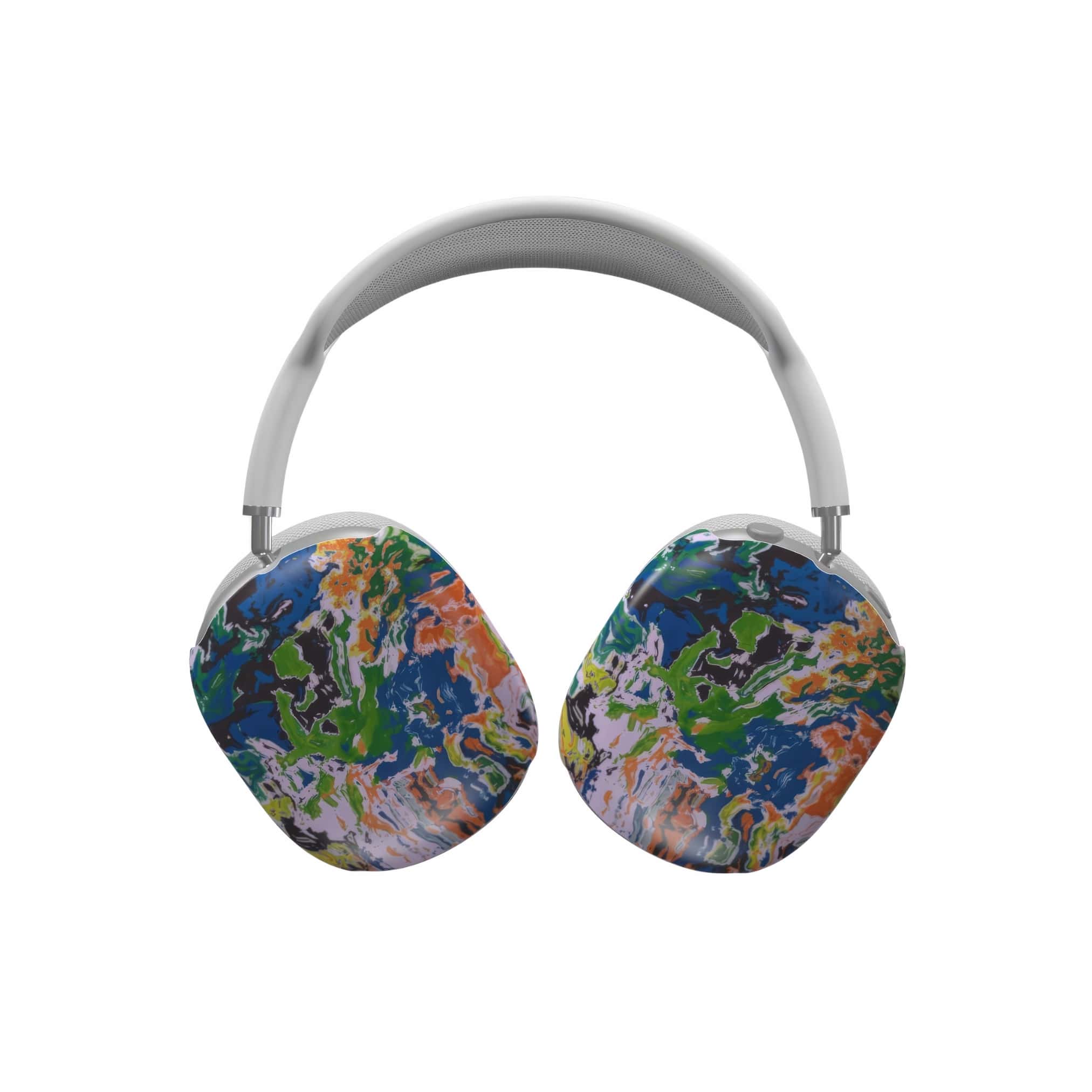 AirPods Max case with a bold vivid pattern in marble abstract and artistic style, featuring an elegant and expressive aesthetic design. Main colors are blue, green and yellow with slight orange. Front view.