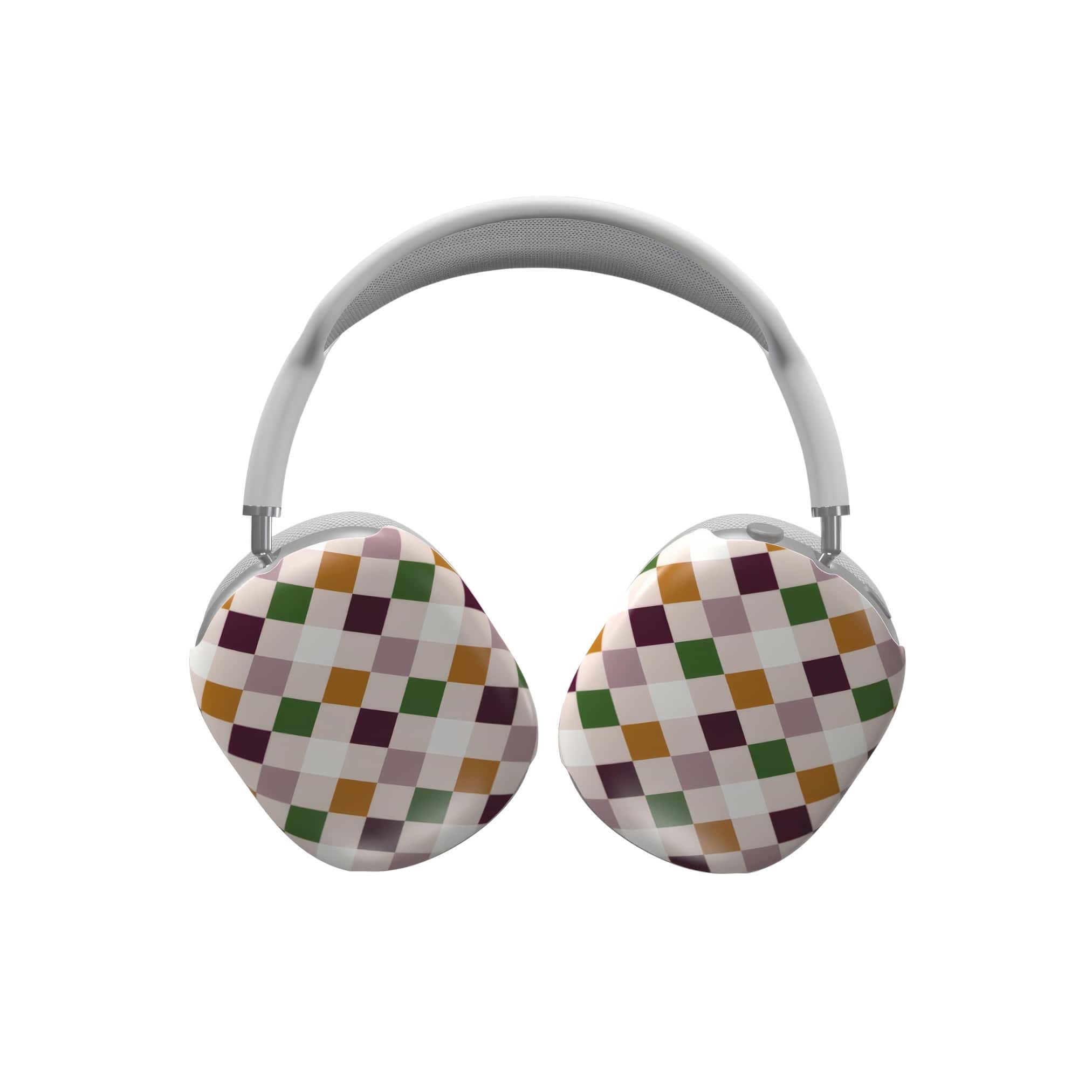 AirPods Max ultra thin tough case Wonder Chess pattern design with a dynamic geometric symmetry in chess style, featuring an elegant and expressive aesthetic design. Main colors are sugar brown, green, deep cherry and pink. Front view.