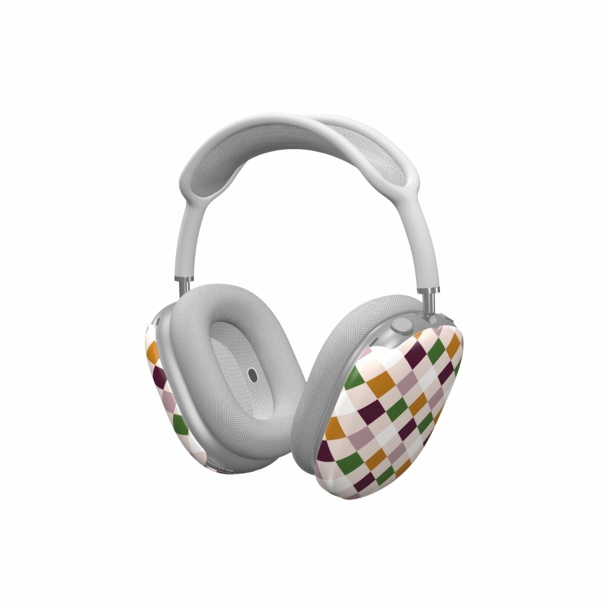 AirPods Max ultra thin tough case Wonder Chess pattern design with a dynamic geometric symmetry in chess style, featuring an elegant and expressive aesthetic design. Main colors are sugar brown, green, deep cherry and pink. Side view.