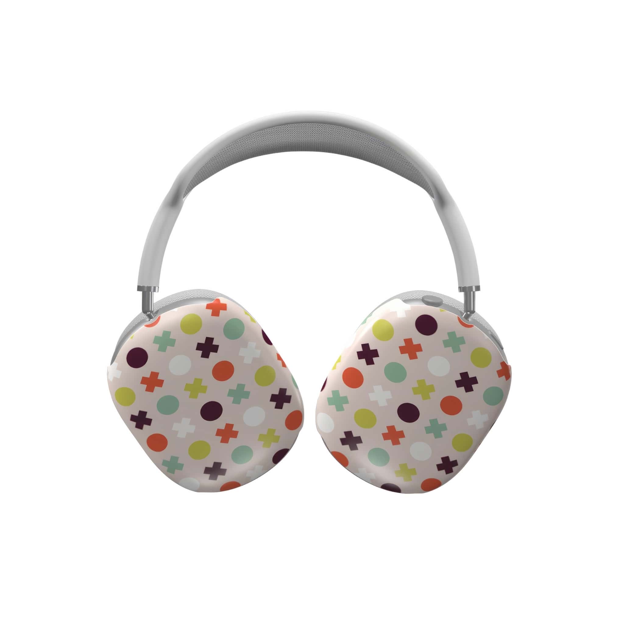 AirPods Max tough thin hard shell case XOXO pattern design with a circles and cross modern style, featuring an elegant and expressive aesthetic design. Main colors are orange red, purple, yellow and mint. Front view.