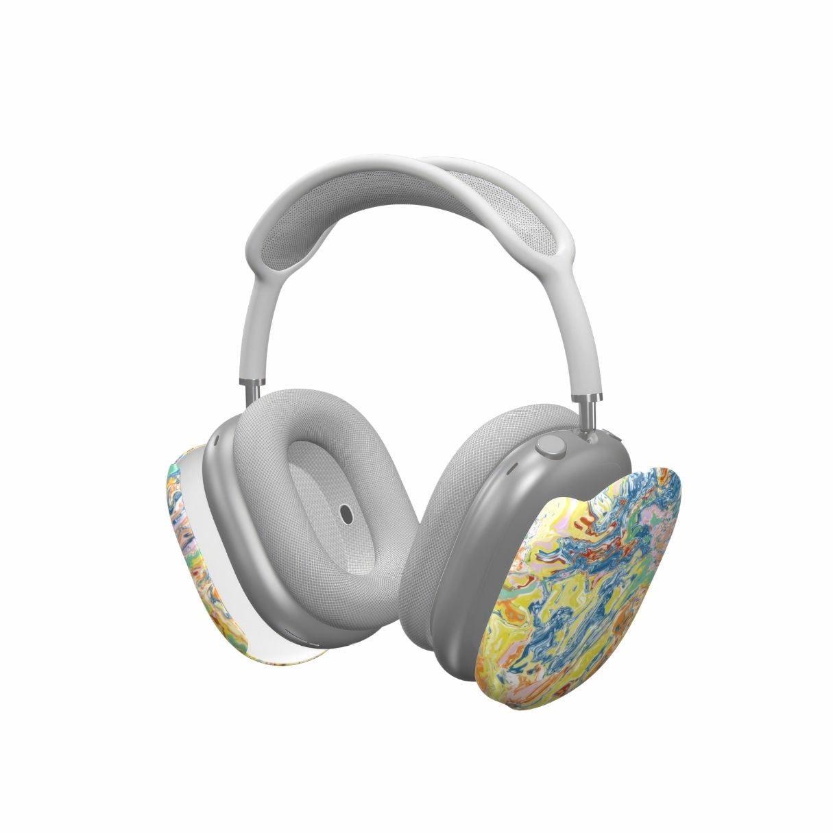 AirPods Max case with a bold vivid pattern Yell Ow abstract and artistic style, featuring an elegant and expressive aesthetic design. Main colors are yellow and blue. Extend view.