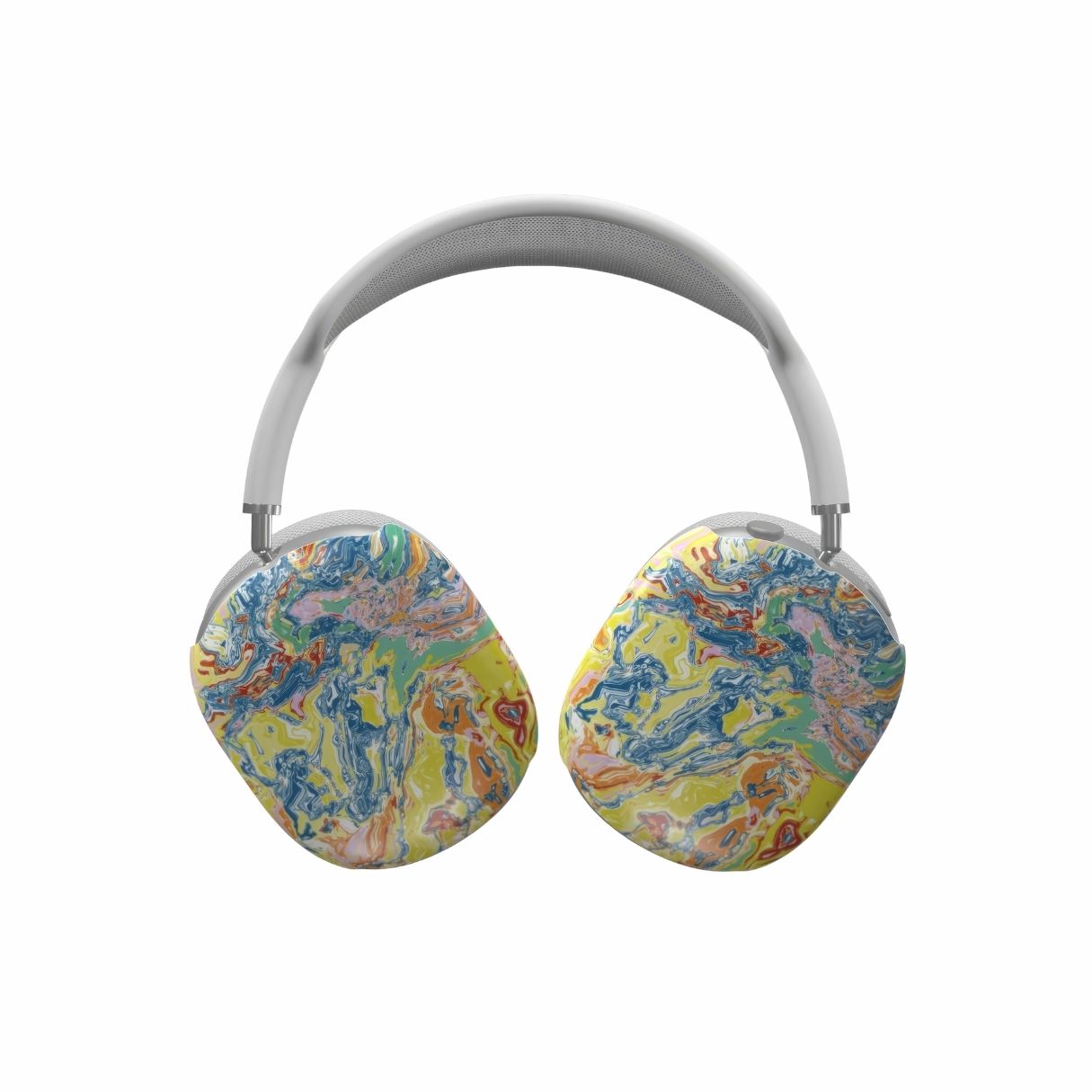 AirPods Max case with a bold vivid pattern Yell Ow abstract and artistic style, featuring an elegant and expressive aesthetic design. Main colors are yellow and blue. Front view.