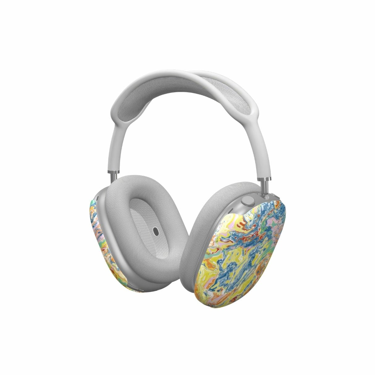 AirPods Max case with a bold vivid pattern Yell Ow abstract and artistic style, featuring an elegant and expressive aesthetic design. Main colors are yellow and blue. Side view.