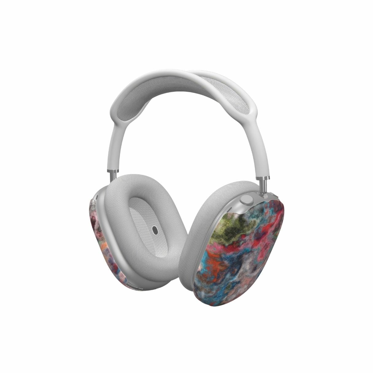 AirPods Max case with vivid color pattern Color Fog abstract and artistic style, featuring an elegant and expressive aesthetic design. Main colors are red, deep blue and green. Side view.