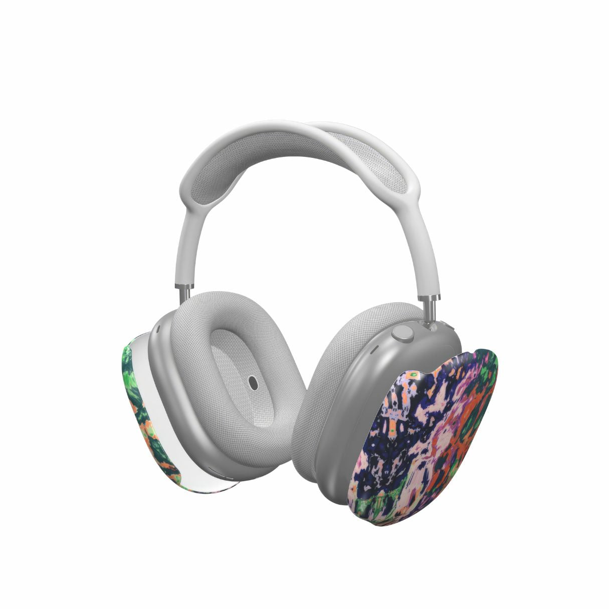 Ultra thin AirPods Max case with a bold vivid pattern Vincet in marble abstract and artistic style, featuring an elegant and expressive aesthetic design. Main colors are purple, orange and green. Extend view.