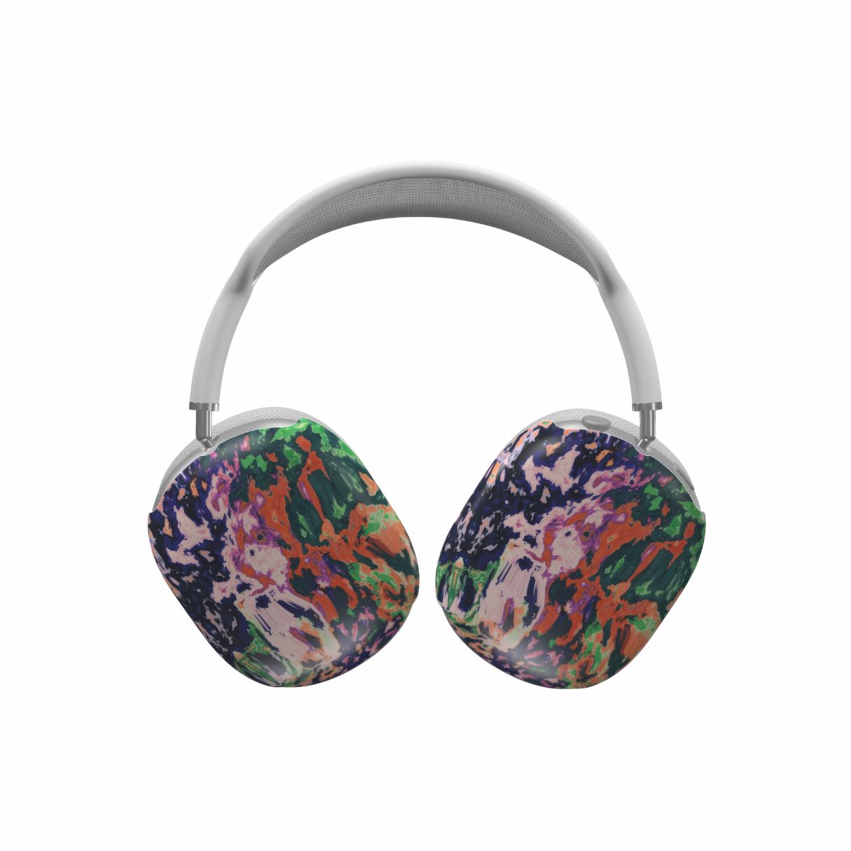 Ultra thin AirPods Max case with a bold vivid pattern Vincet in marble abstract and artistic style, featuring an elegant and expressive aesthetic design. Main colors are purple, orange and green. Front view. 