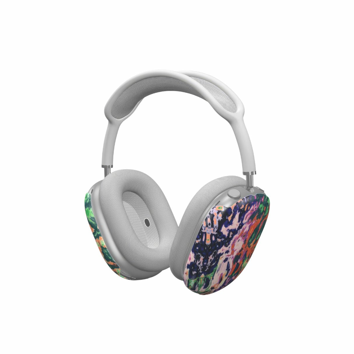Ultra thin AirPods Max case with a bold vivid pattern Vincet in marble abstract and artistic style, featuring an elegant and expressive aesthetic design. Main colors are purple, orange and green. Side view.