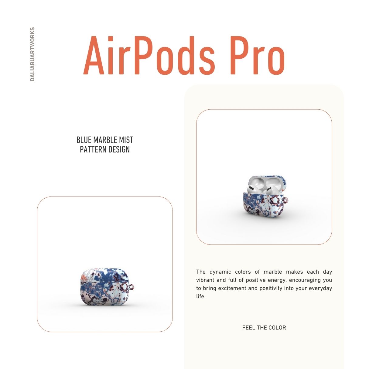 AirPods Pro tough case front view; Blue Marble Mist pattern, artistic, abstract marble pattern. Blue and pink color combination.