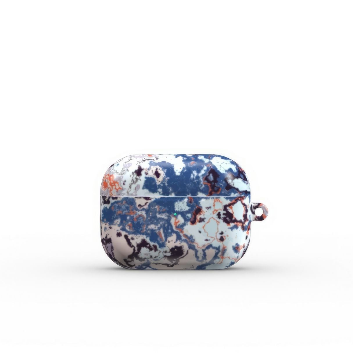 AirPods Pro tough case front view; Blue Marble Mist pattern, artistic, abstract marble pattern. Blue and pink color combination.