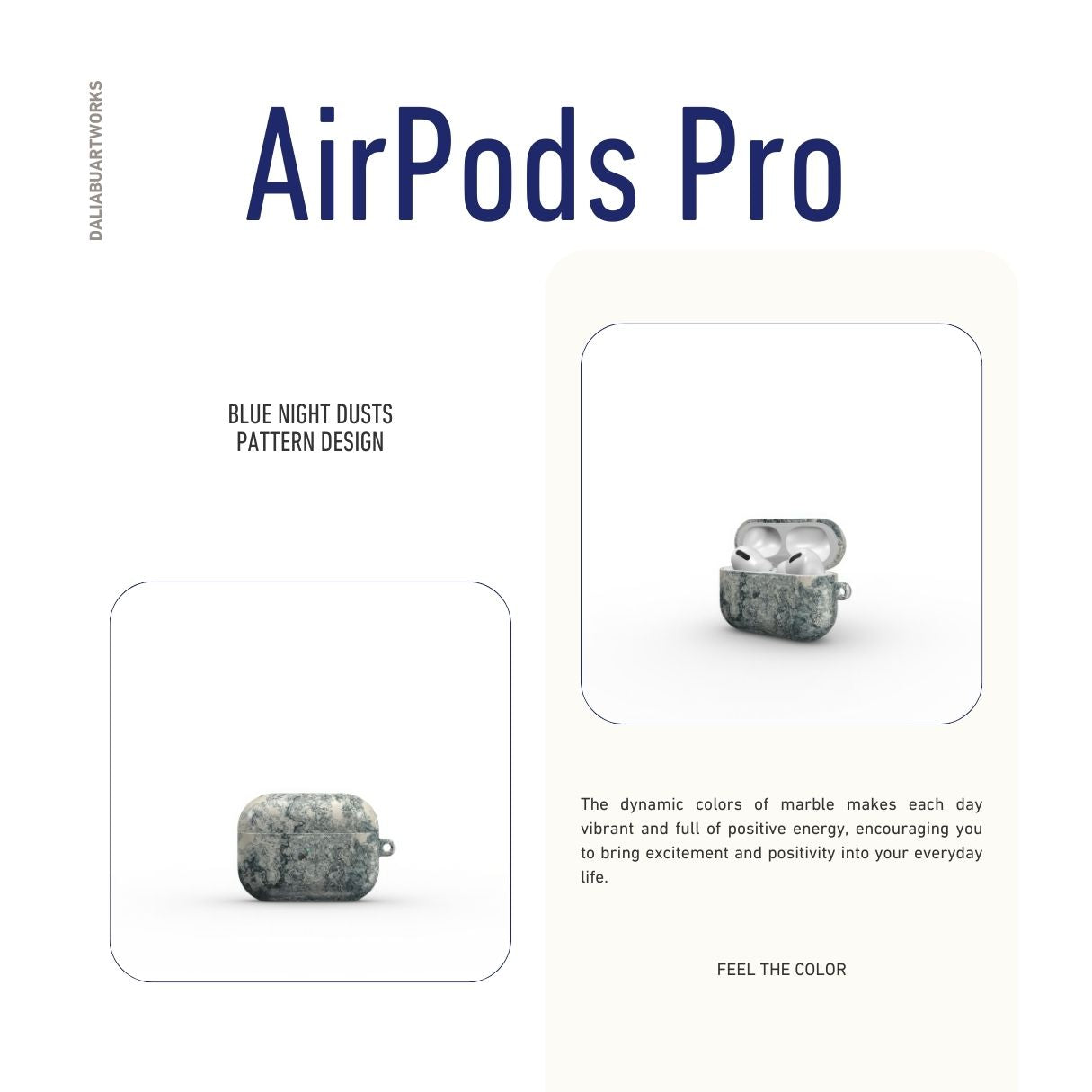 AirPods Pro case with a bold vivid pattern Blue Night Dusts abstract and artistic style, featuring an elegant and expressive aesthetic design. Main colors are blue and beige. Description.