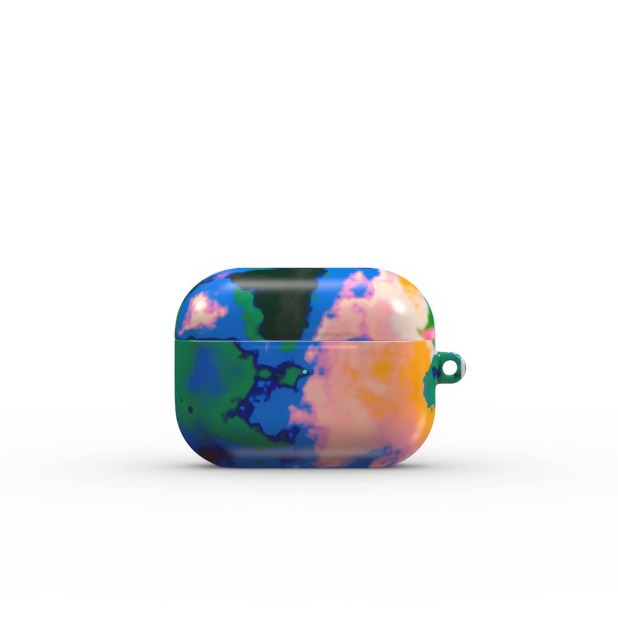 AirPods Pro tough case front closed view; Brazil pattern, artistic, abstract marble pattern. Orange, green and blue color combination.