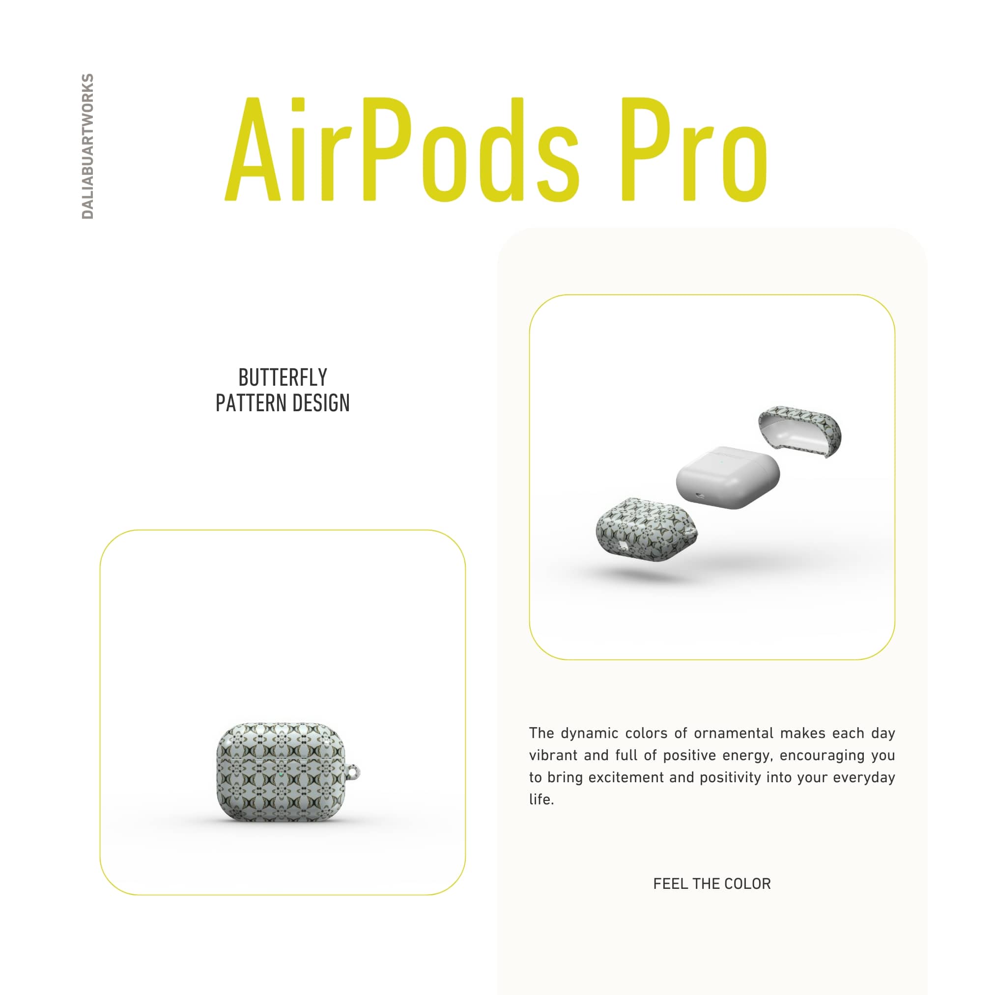 Apple AirPods Pro tough case ButterFly pattern design with a playful, bold expression of kaleidoscope form, featuring an elegant and expressive aesthetic design. Main color is light blue. Front view.