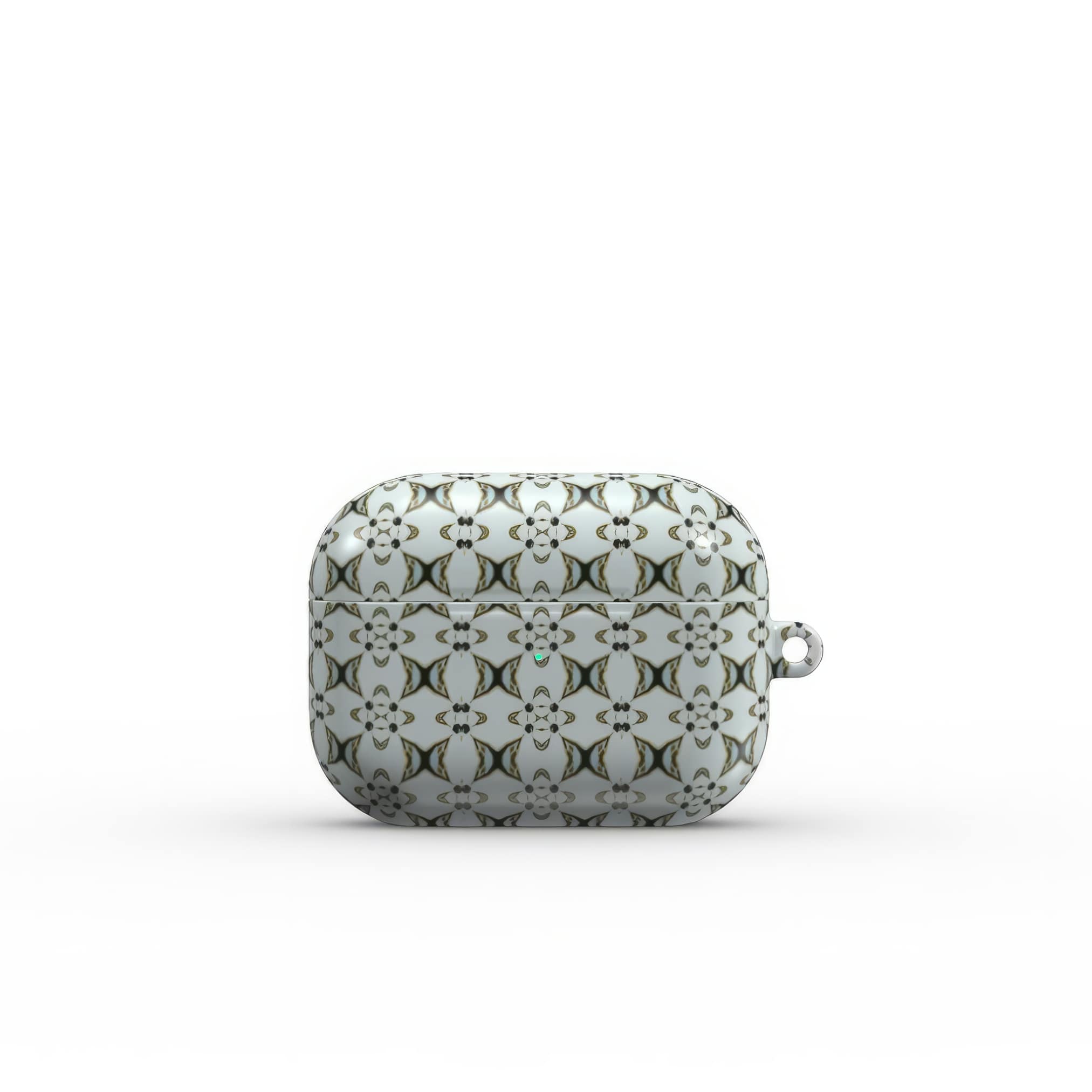 Apple AirPods Pro tough case ButterFly pattern design with a playful, bold expression of kaleidoscope form, featuring an elegant and expressive aesthetic design. Main color is light blue. Closed view.