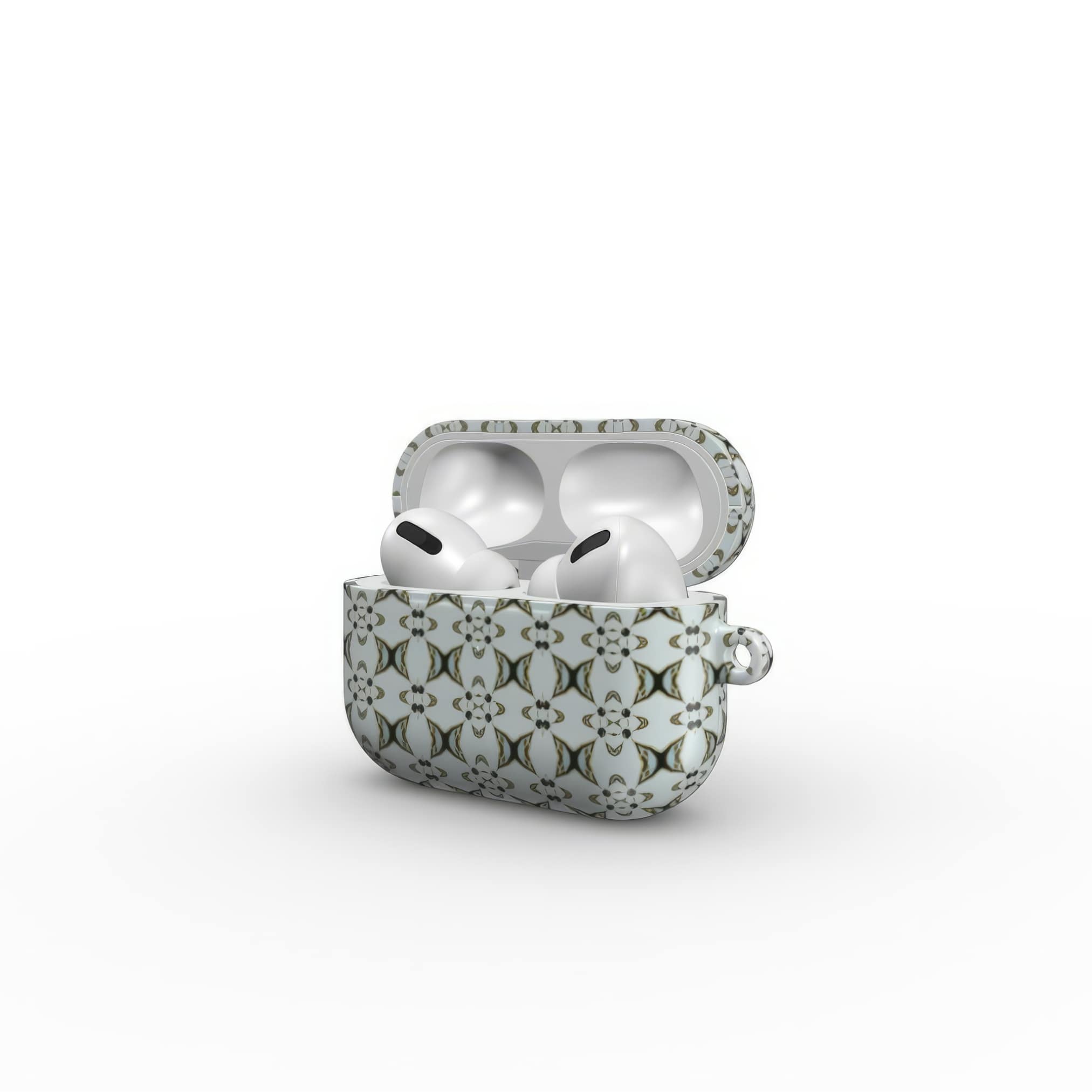 Apple AirPods Pro tough case ButterFly pattern design with a playful, bold expression of kaleidoscope form, featuring an elegant and expressive aesthetic design. Main color is light blue. Open side view.