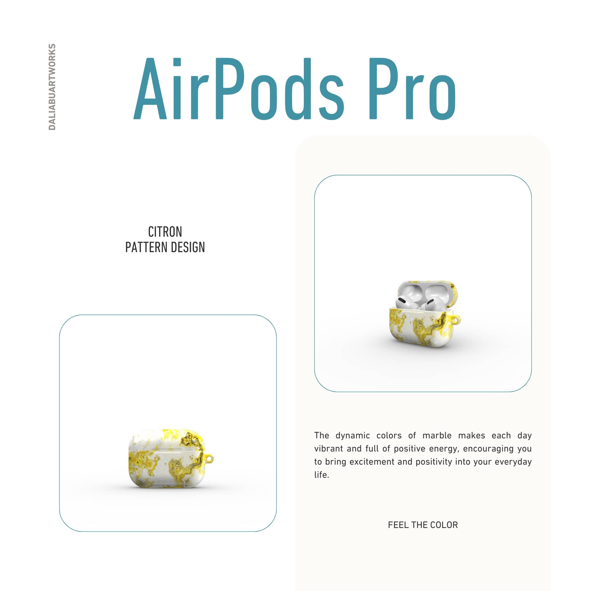 AirPods Pro tough case front view; Citron pattern, artistic, abstract marble pattern. White and yellow color combination. Bold expressive aesthetic design. Colorful and interior fit. Elegant.