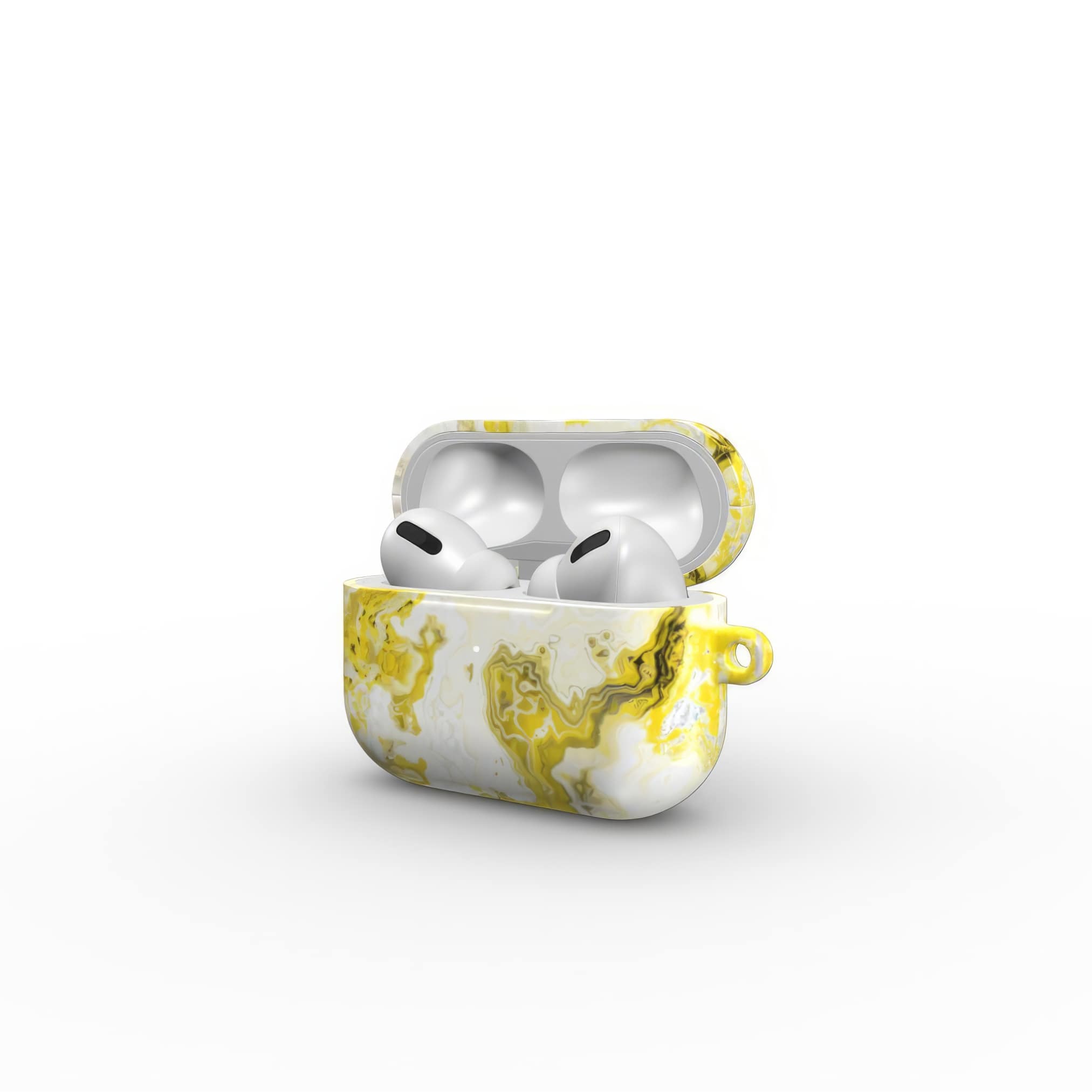AirPods Pro tough case side open view; Citron pattern, artistic, abstract marble pattern. White and yellow color combination. Bold expressive aesthetic design. Colorful and interior fit. Elegant.