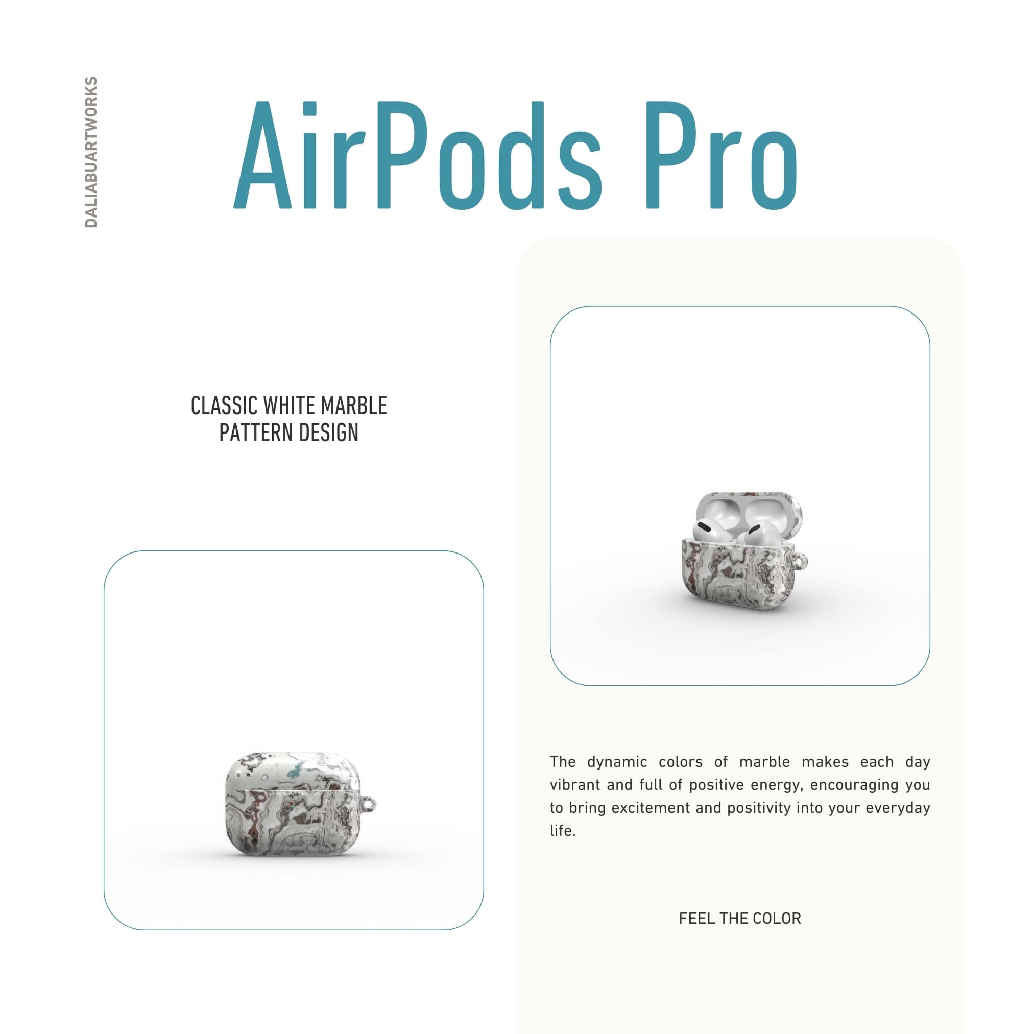 AirPods Pro tough case front view; Classic White Marble pattern, artistic, abstract marble pattern. White and grey color combination.