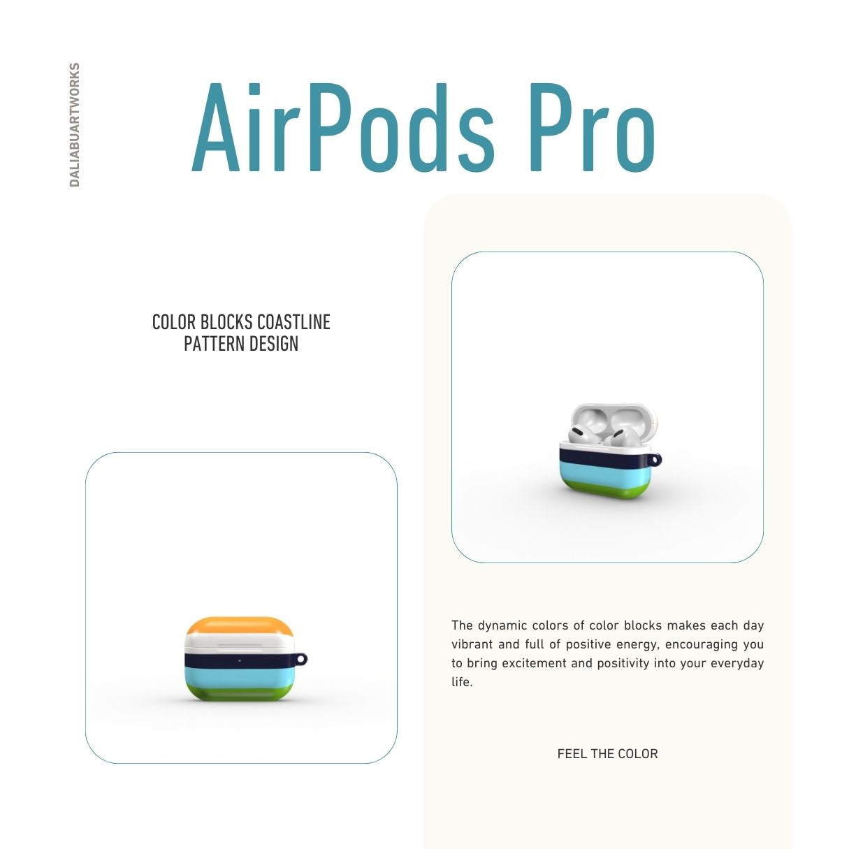 AirPods Pro tough case Color Blocks Coastline pattern design with a color blocks, featuring an elegant and expressive aesthetic design. Main colors are light green, blue and orange. Front view.