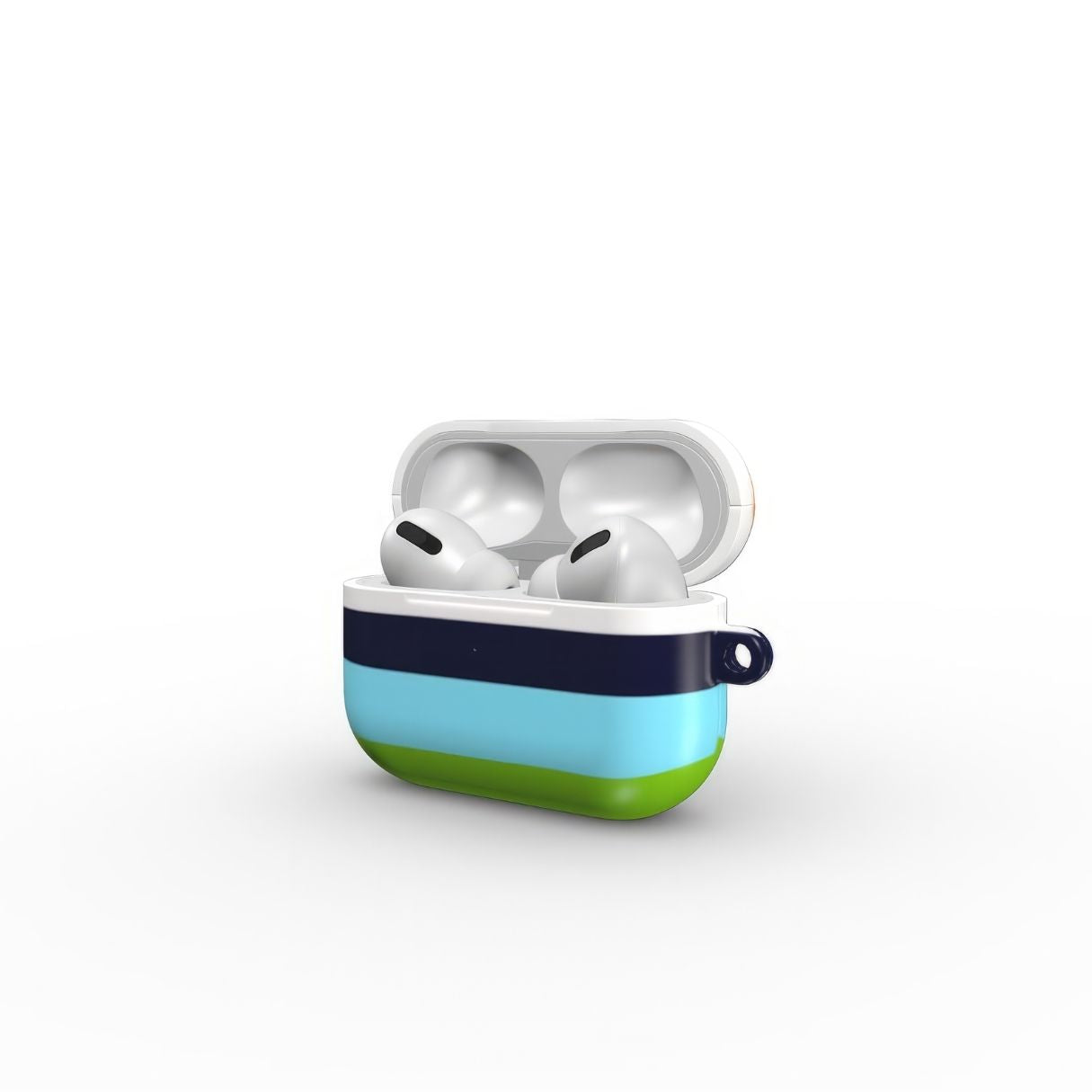 AirPods Pro tough case Color Blocks Coastline pattern design with a color blocks, featuring an elegant and expressive aesthetic design. Main colors are light green, blue and orange. Side view.