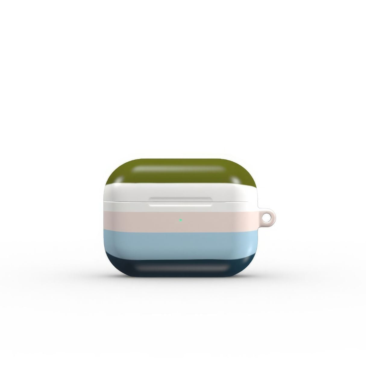 AirPods Pro hard shell ultra thin tough case Color Blocks Navy pattern design with a color blocks, featuring an elegant and expressive aesthetic design. Main colors are khaki, navy blue, deep marine, light blue and pink. Front closed view.