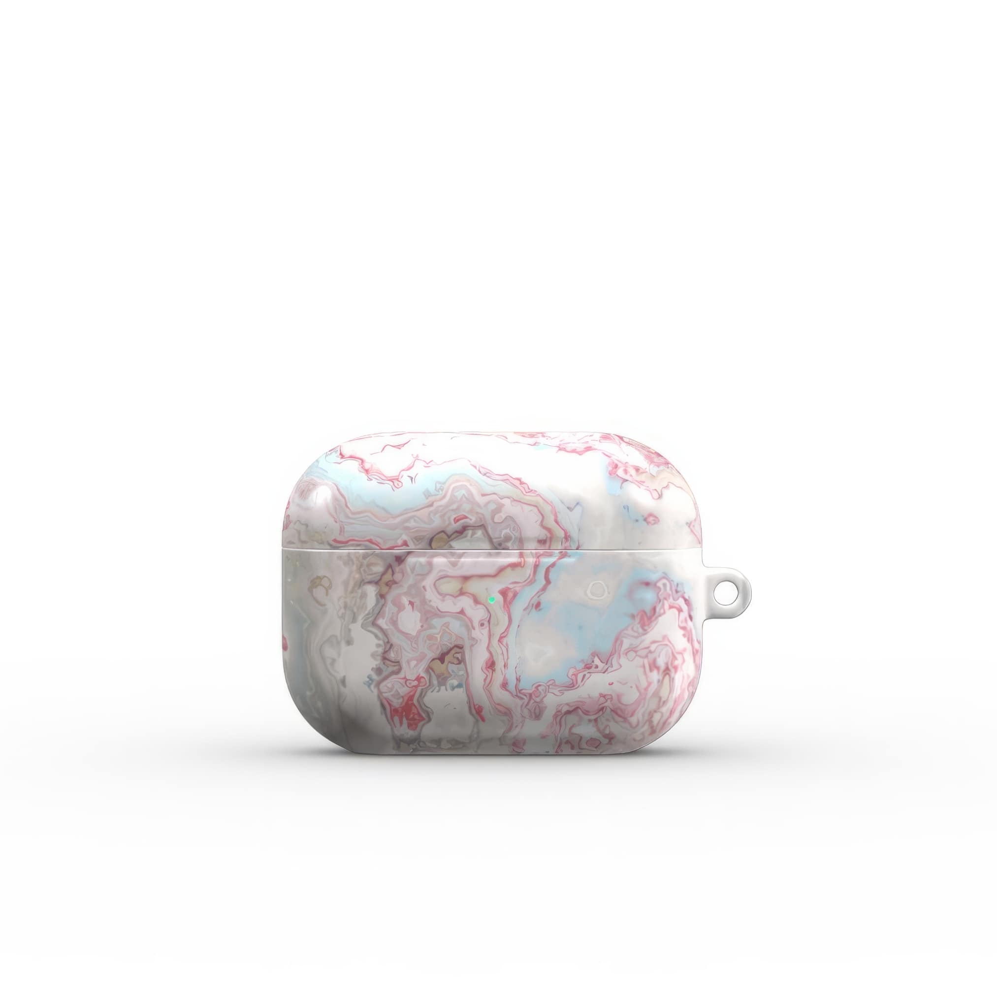 AirPods Pro case front view; Divine Blue River pattern, artistic, abstract marble pattern. Light blue and pink color combination. Bold expressive aesthetic design. Colorful and interior fit. Elegant.