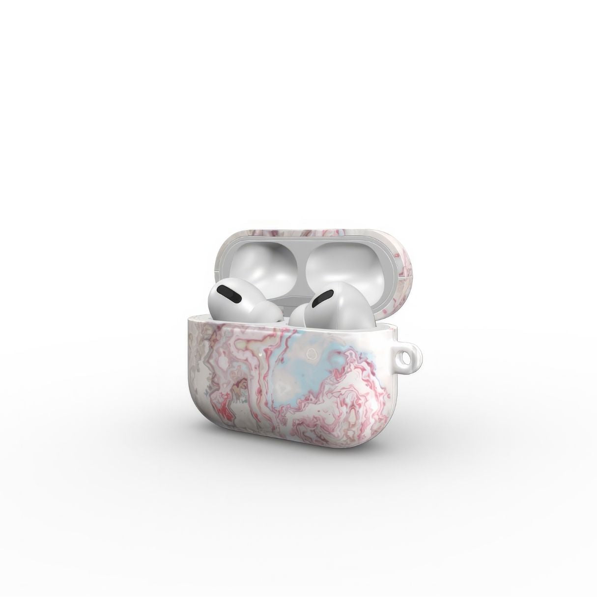 AirPods Pro case open side view; Divine Blue River pattern, artistic, abstract marble pattern. Light blue and pink color combination. 