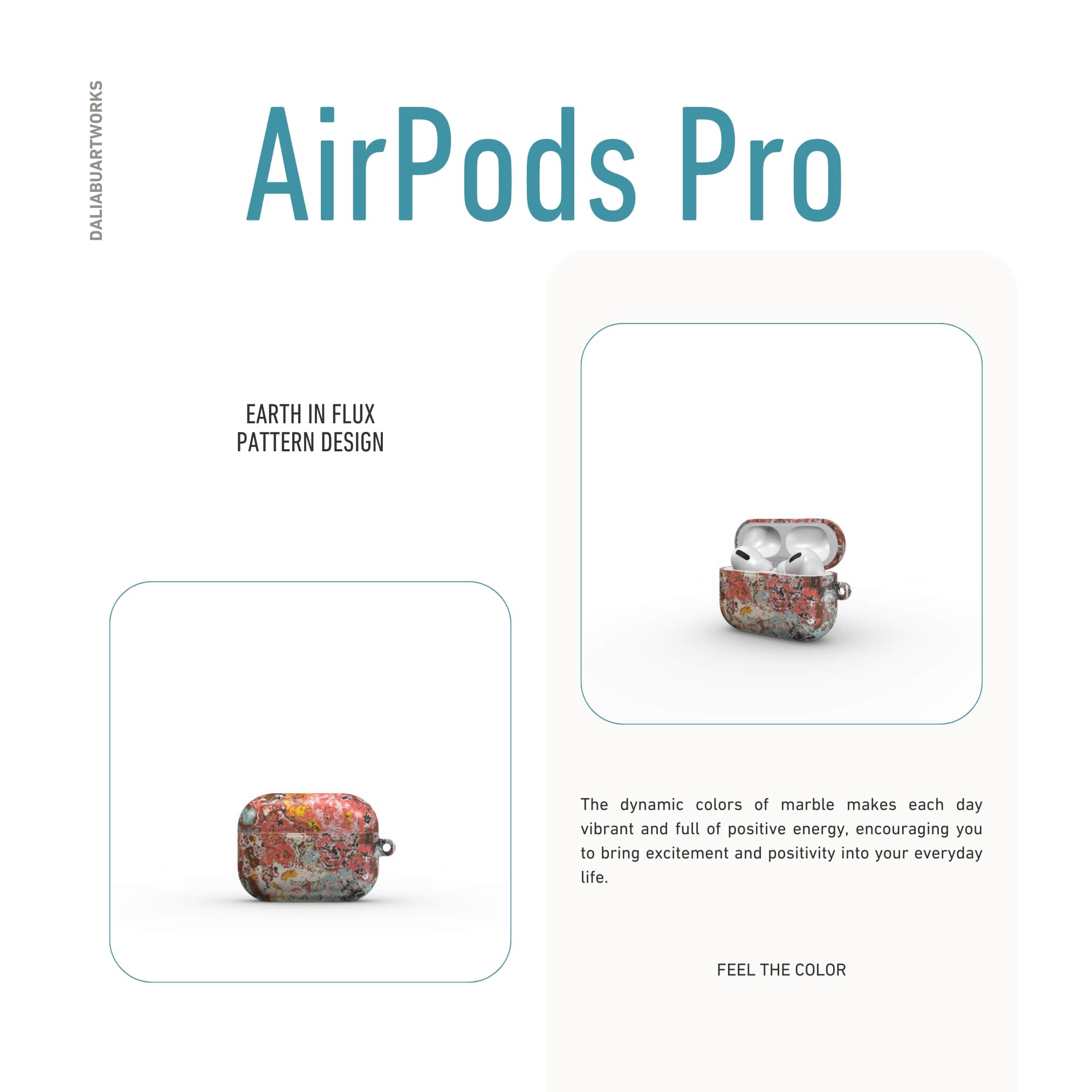 Airpods Pro case closed front view; Earth in Flux pattern, artistic, abstract marble pattern. Blue and brick red color combination. 