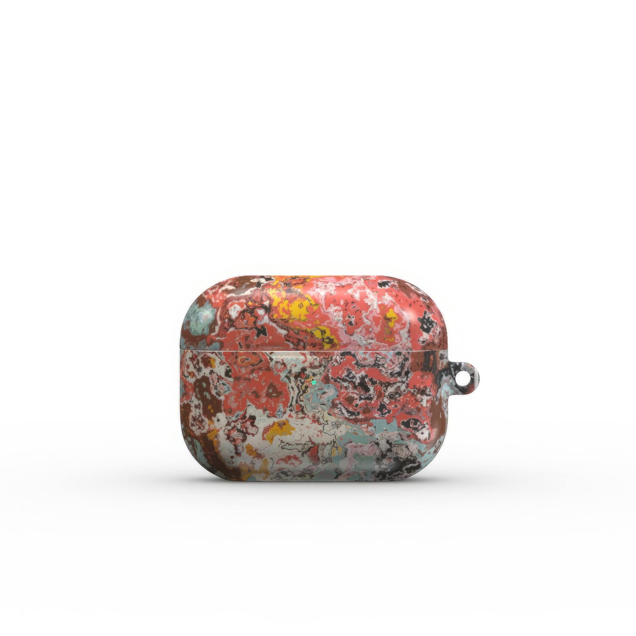 Airpods Pro case closed front view; Earth in Flux pattern, artistic, abstract marble pattern. Blue and brick red color combination. 