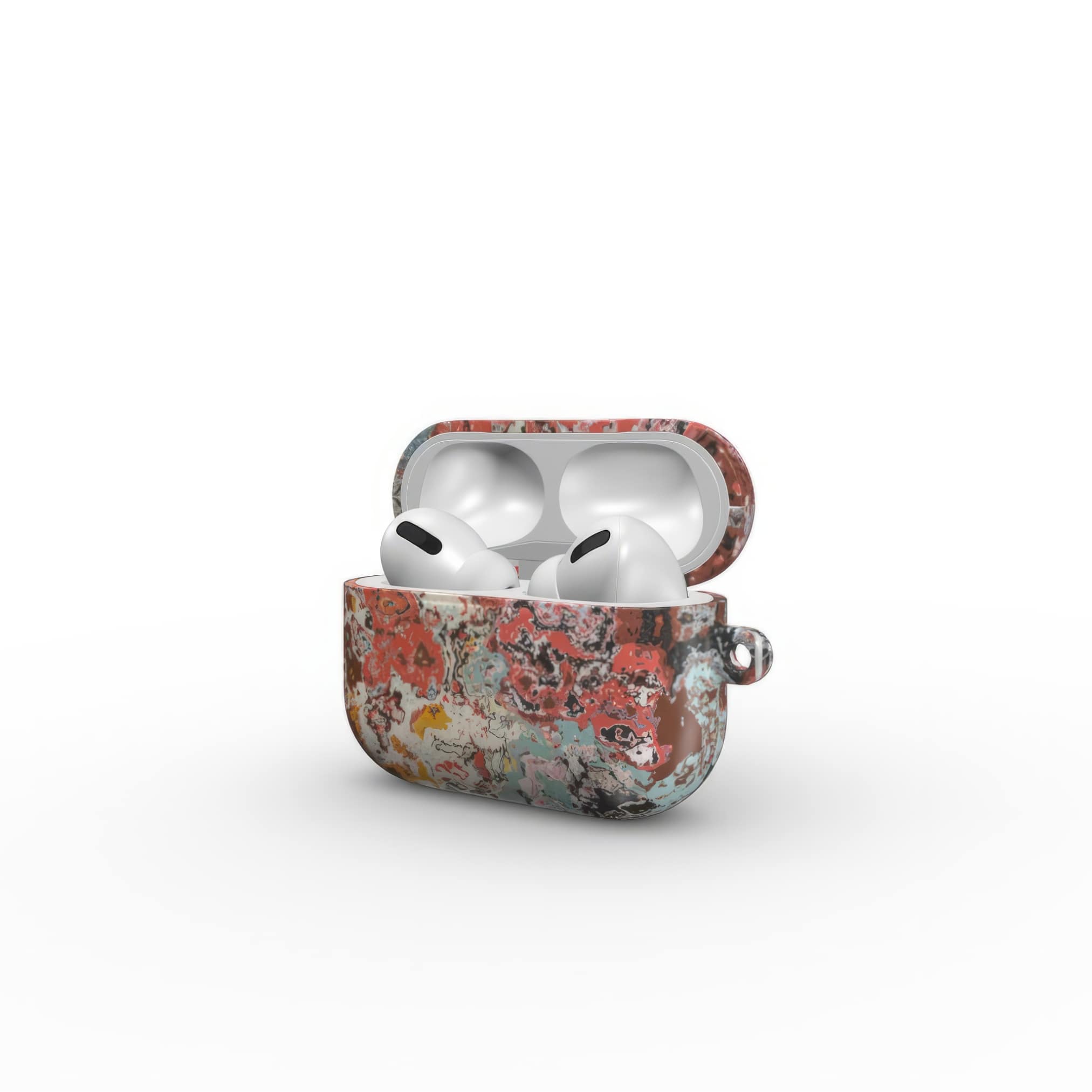 Airpods Pro case side open view; Earth in Flux pattern, artistic, abstract marble pattern. Blue and brick red color combination. 