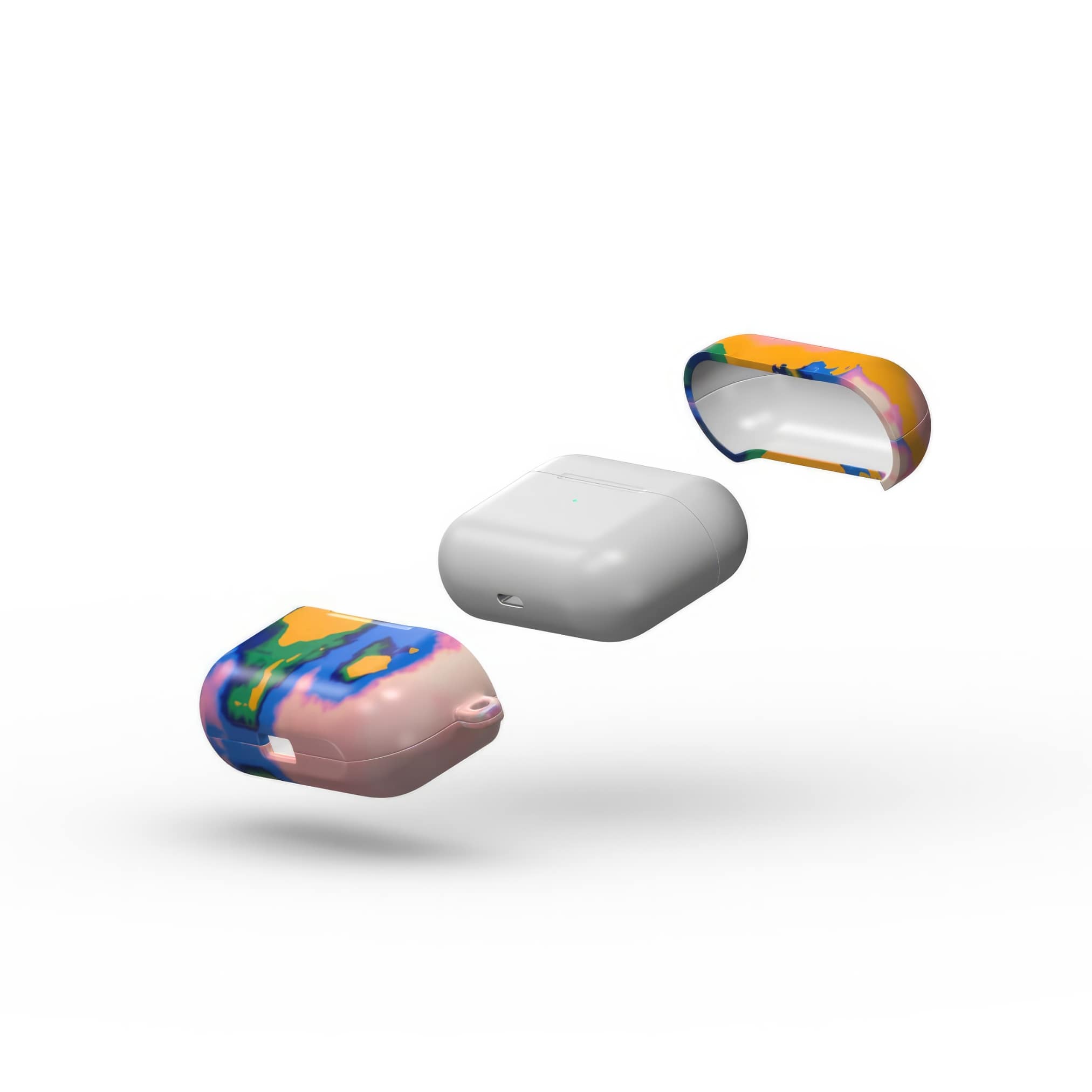AirPods Pro case extend view; Electricity pattern, artistic, abstract marble pattern. Blue and orange color combination. 